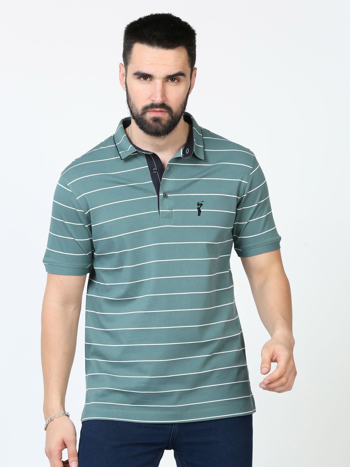 Teal Blue Striped Polo T Shirt for Men