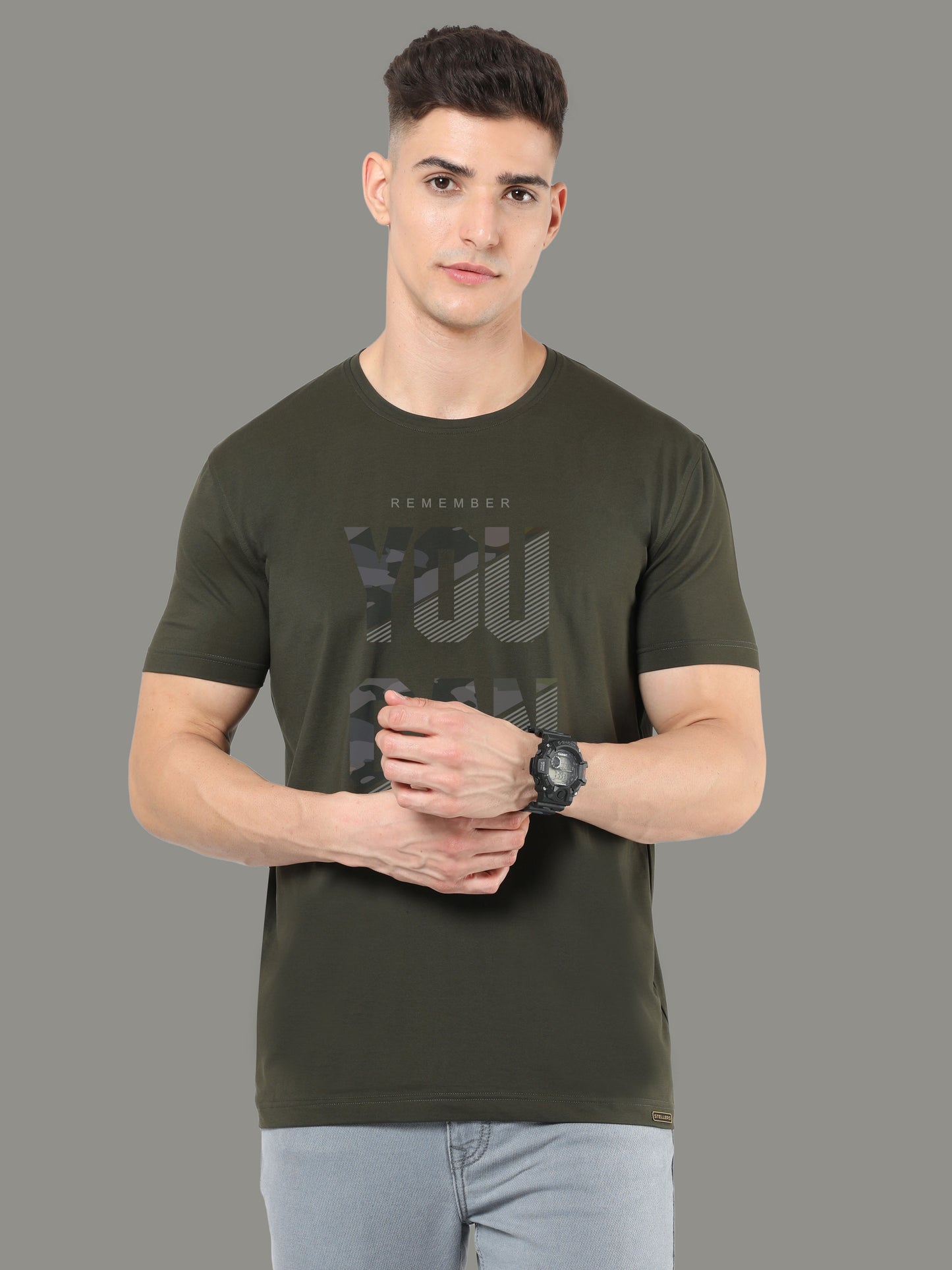 Olive Green Print Men’s Round Neck T Shirts