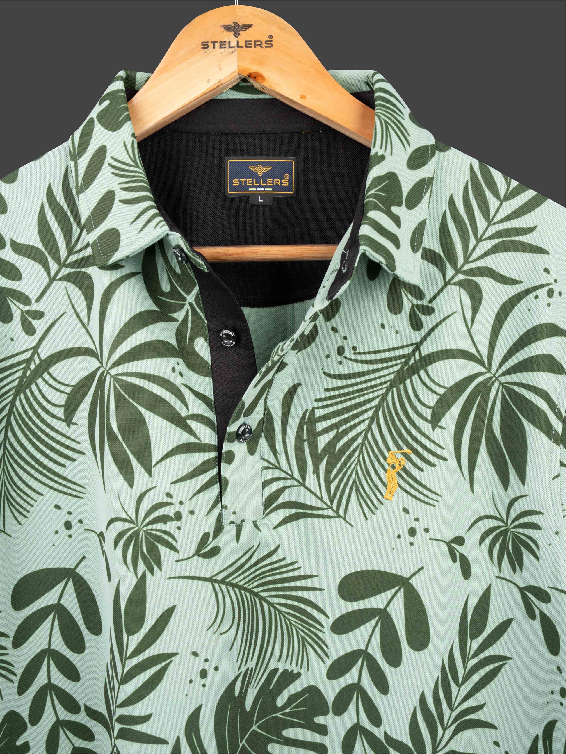 Green Leaf Printed Polo T Shirt for Men 