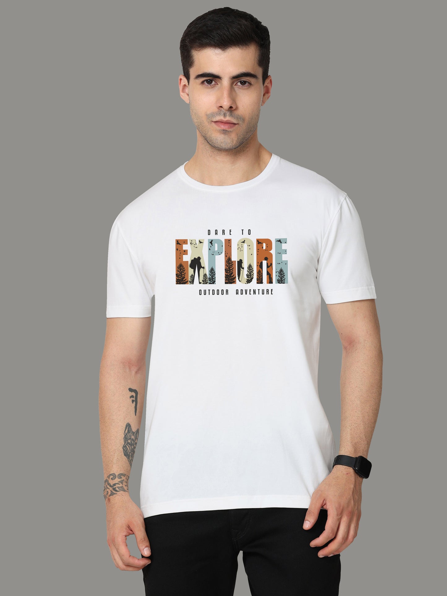 White EXPLORE Print Men’s Crew Neck T Shirt