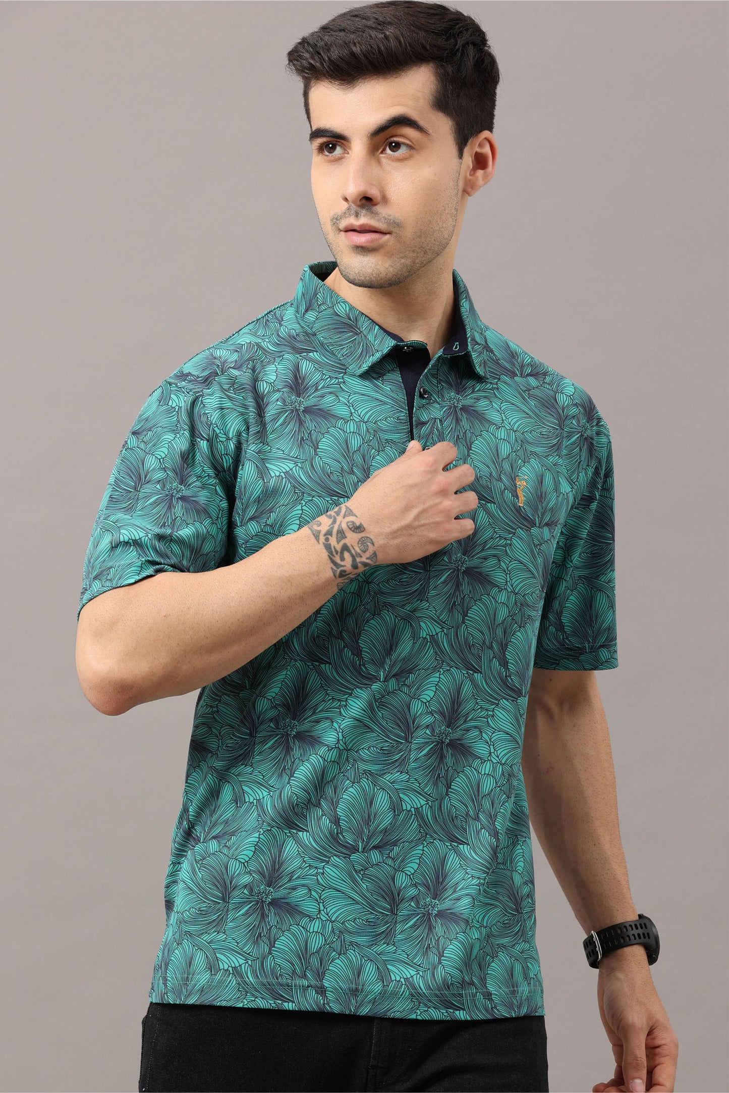 Siemens Green Men's Floral Print Golf Polo T-Shirts | Quick Dry | Stretchable | UV Protected | Wrinkle & Odour-Free