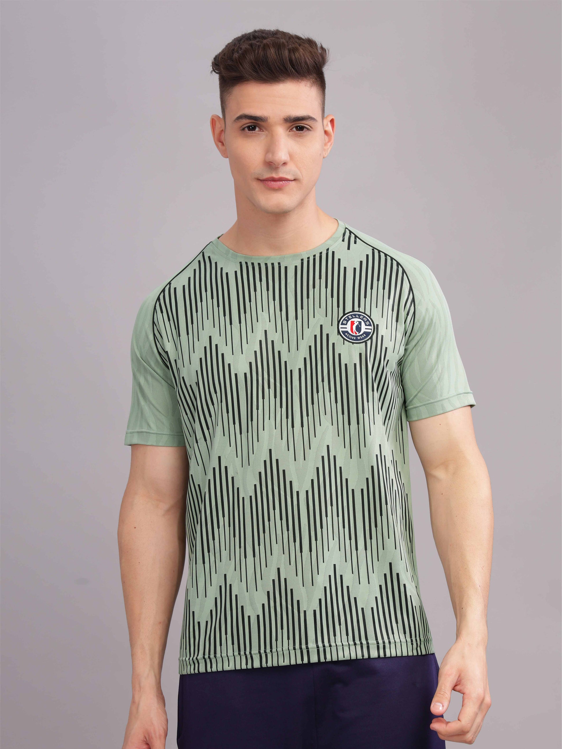 Misty Green Printed Active Round Neck T Shirts for Men