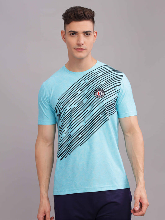 Turquoise Mens Printed Round Neck Active Wear T-Shirt