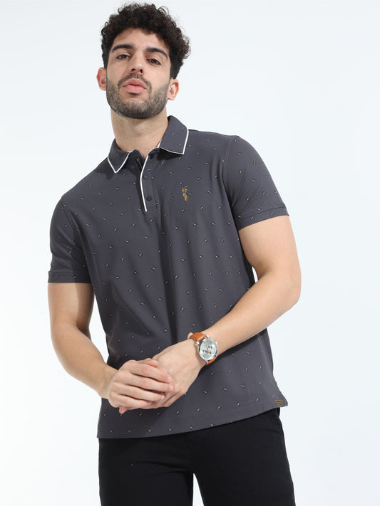 Dark Grey Men's Rolex Print Polo T-Shirts | Quick Dry | Stretchable | UV Protected | Wrinkle & Odour-Free