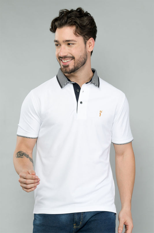 White Men's Jacquard Collar Polo T-Shirt | Quick Dry | Stretchable | UV Protected | Wrinkle & Odour-Free
