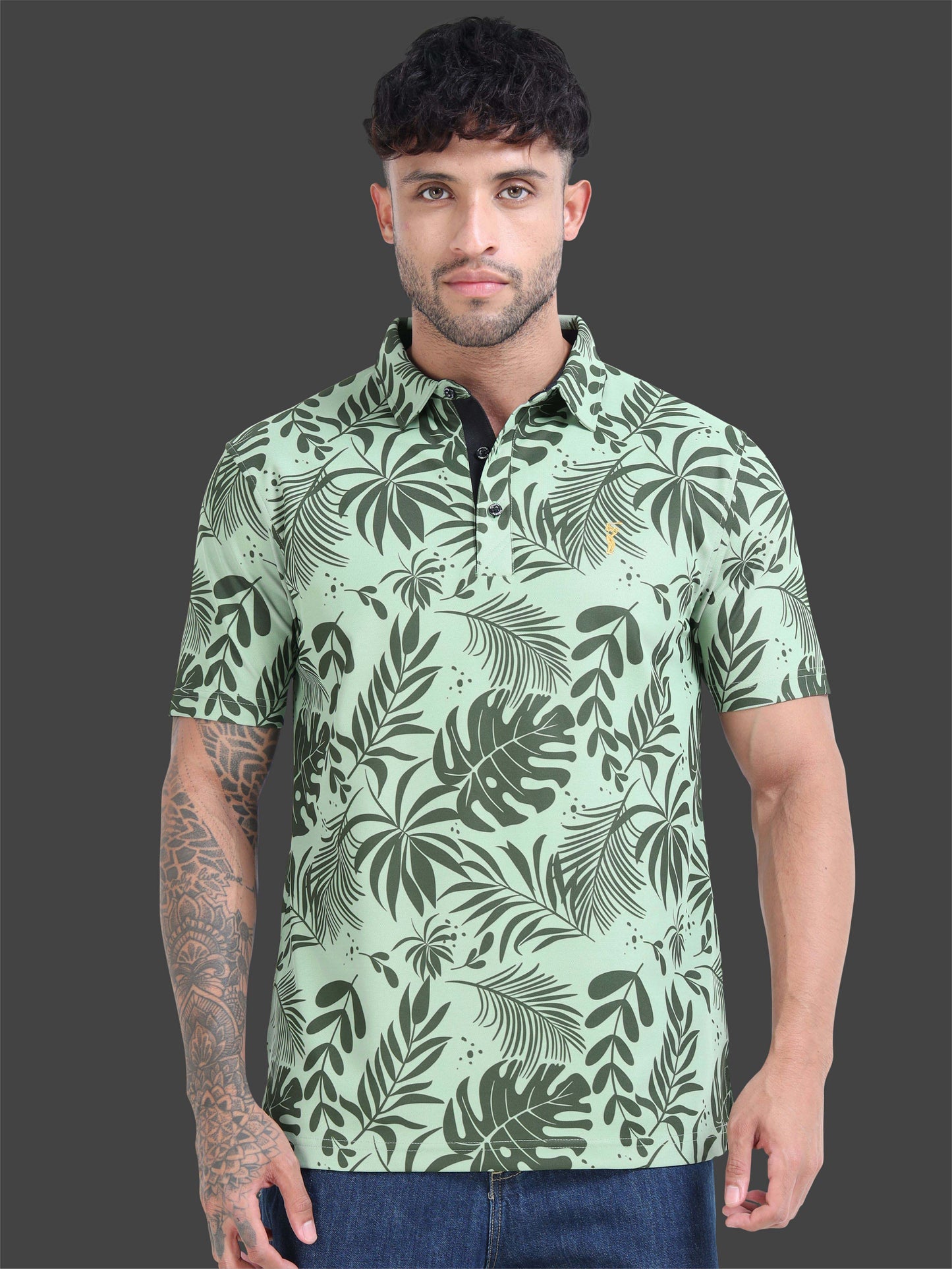 Green Leaf Printed Polo T Shirt for Men 
