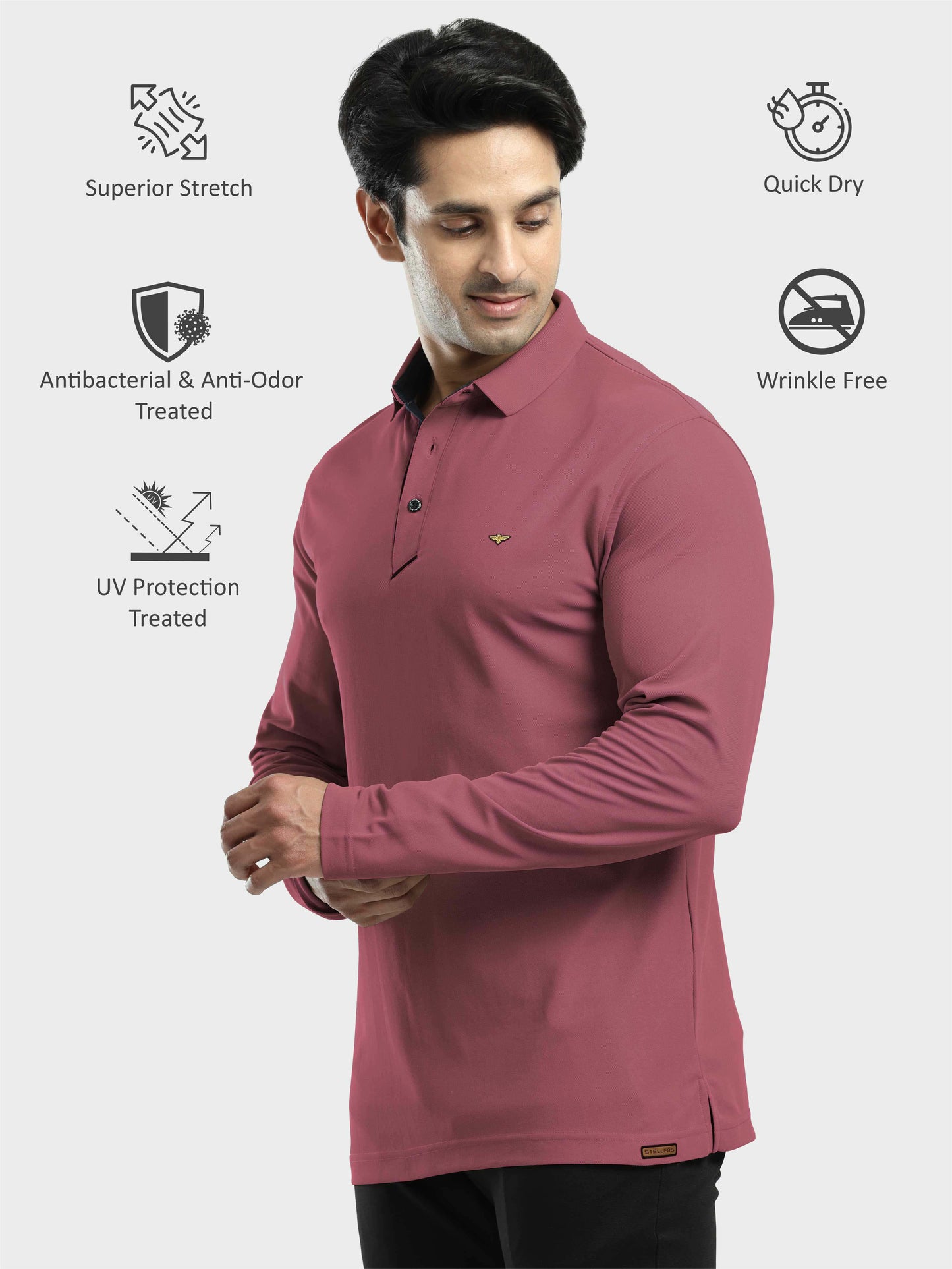 Men's Full Sleeve Polo T-Shirt | Feather Touch Feel | Odour Resistant | Wrinkle Free | Quick Dry | Stretchable | Anti-Static | UV Resistance |