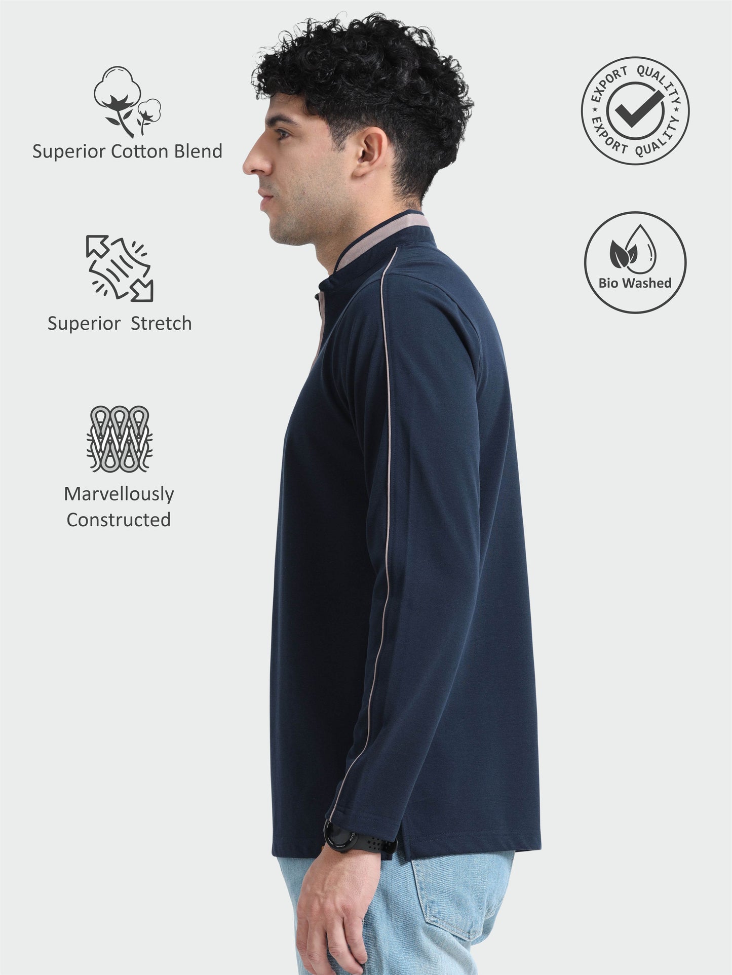 Navy Blue Full Sleeve Polo T Shirt for Men