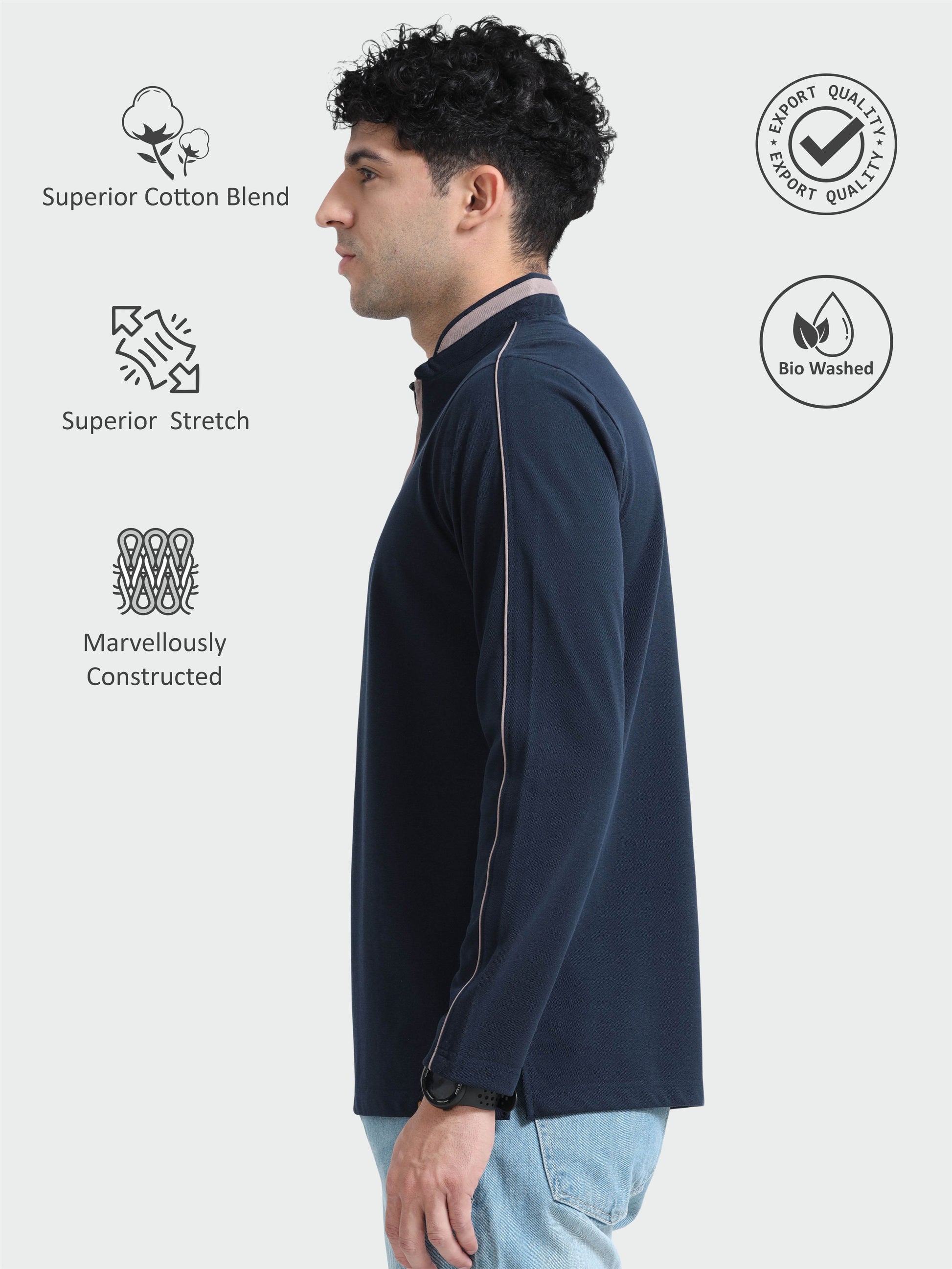 Navy Blue Full Sleeve Polo T Shirt for Men