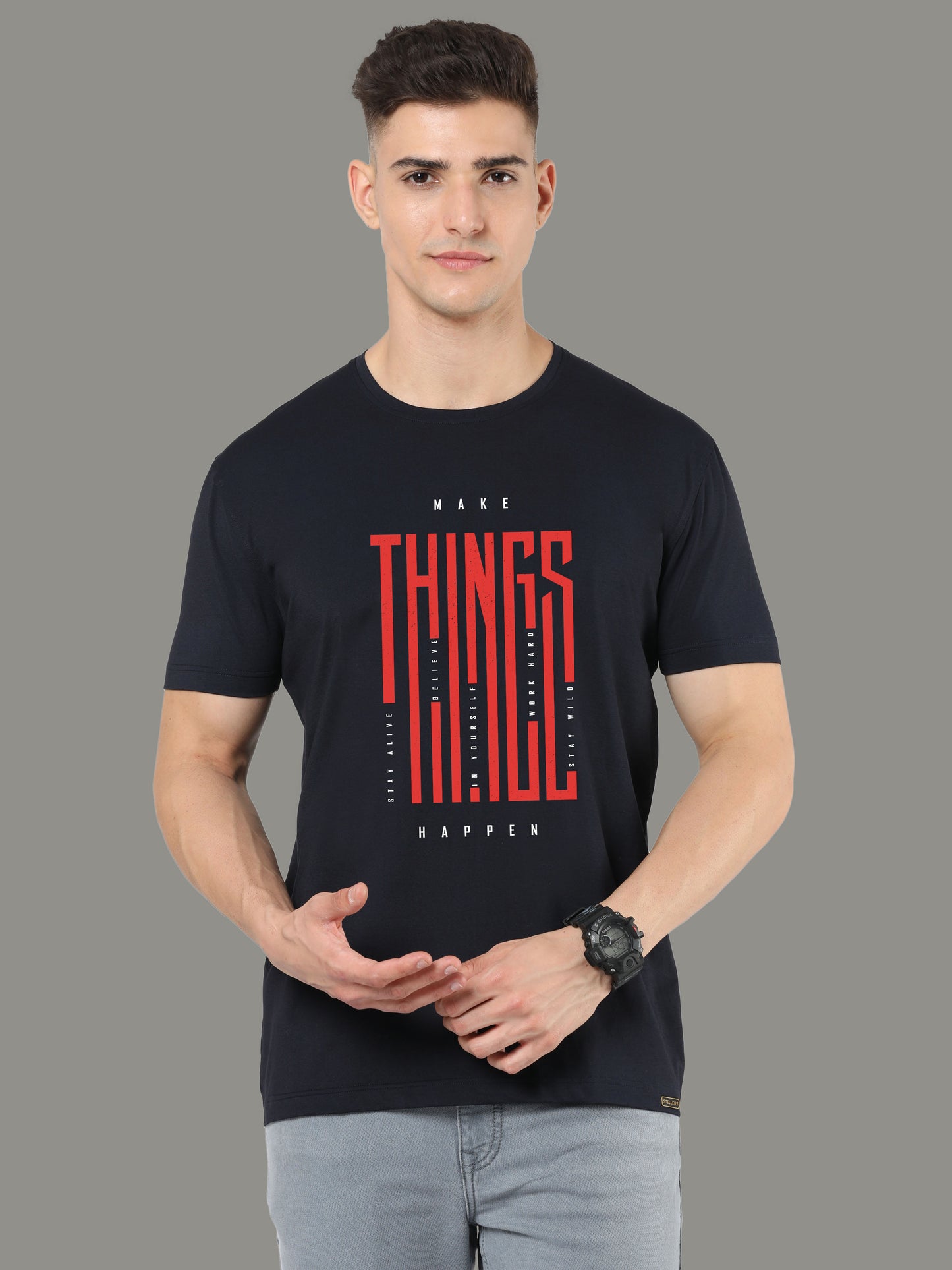 Black Mens Printed Round Neck T Shirts