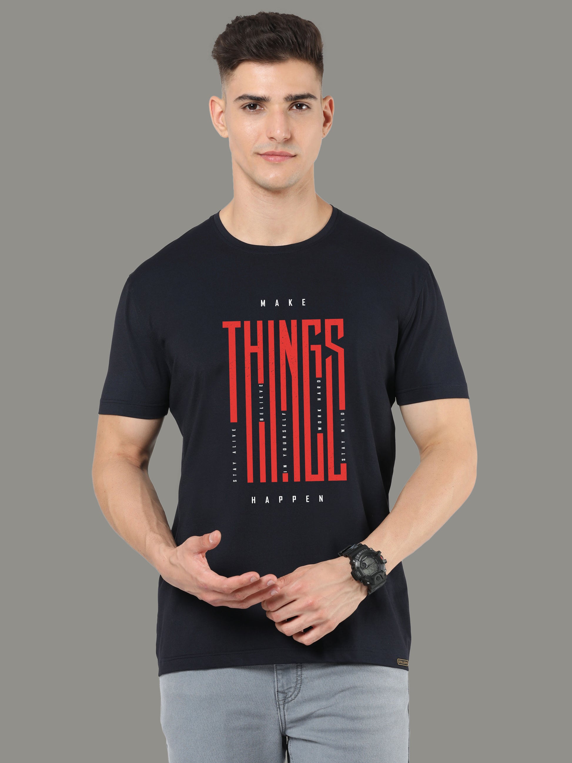 Black Mens Printed Round Neck T Shirts