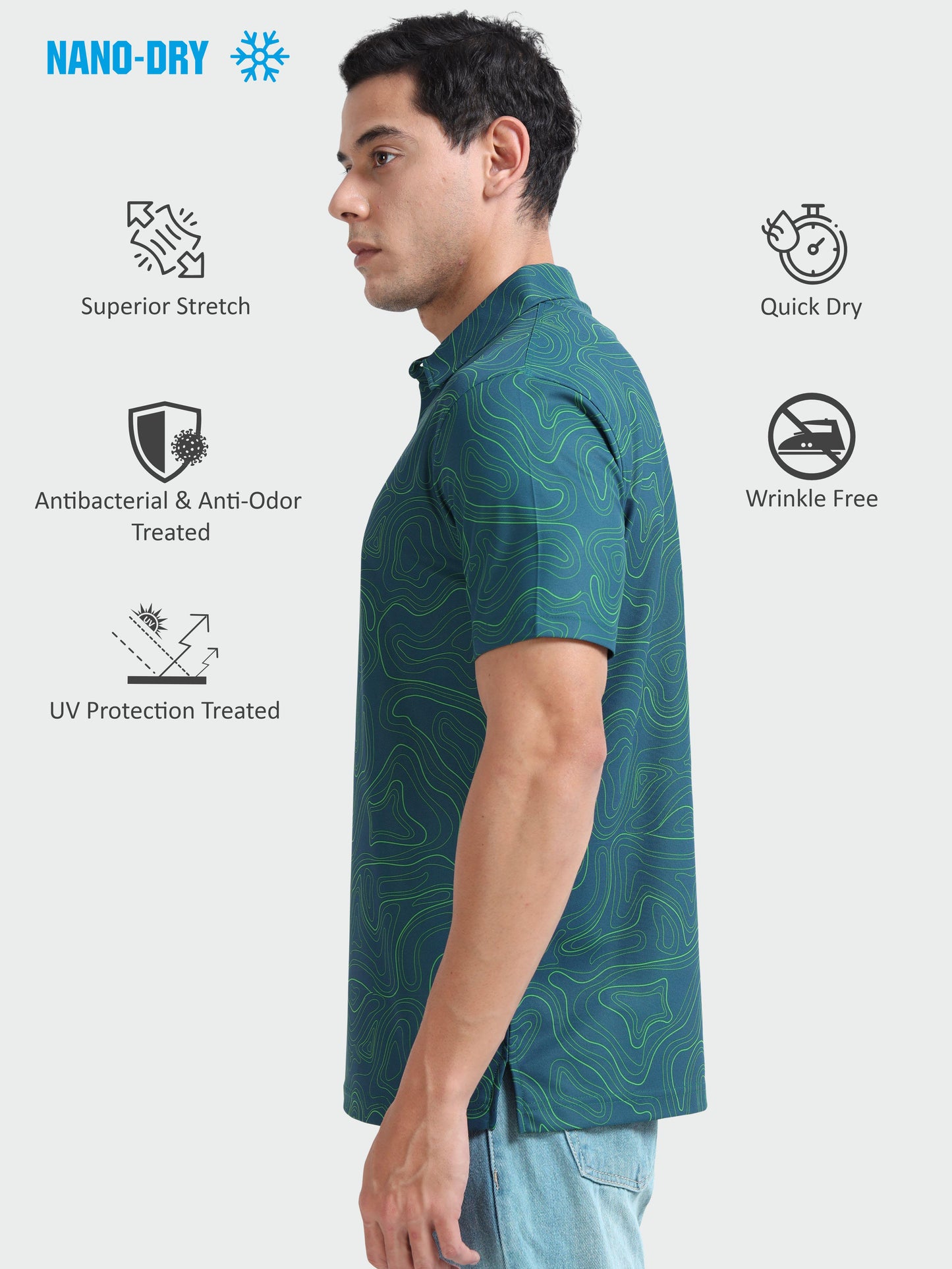 Abstract Teal Blue Leaf Printed Polo T Shirt for Men 