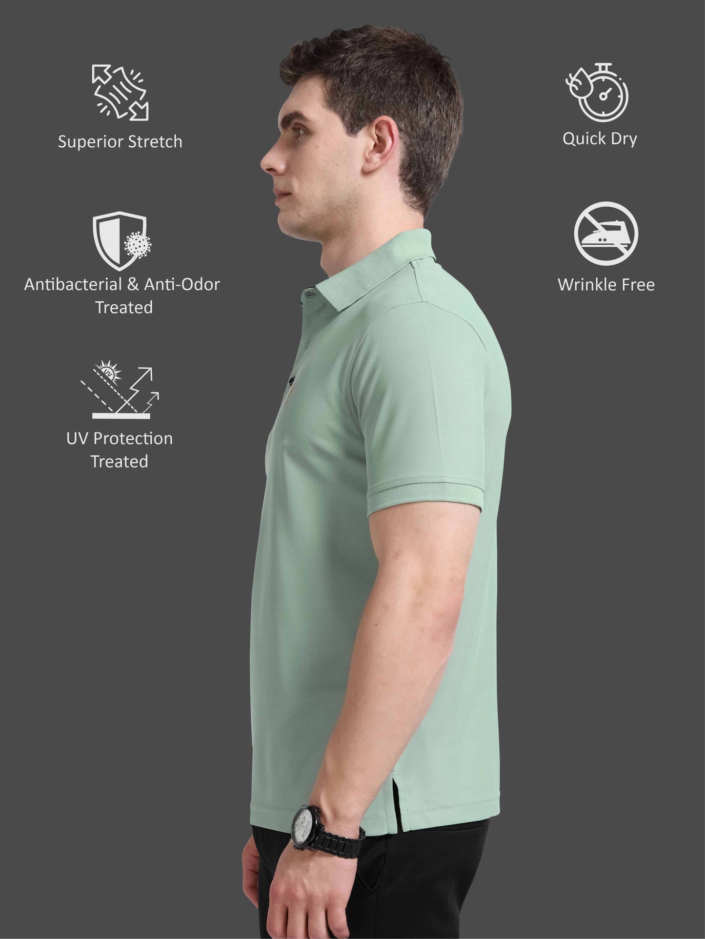 Men Misty Green Premium Golf Polo T-Shirt | Quick Dry | Stretchable | UV Protected | Wrinkle & Odour-Free