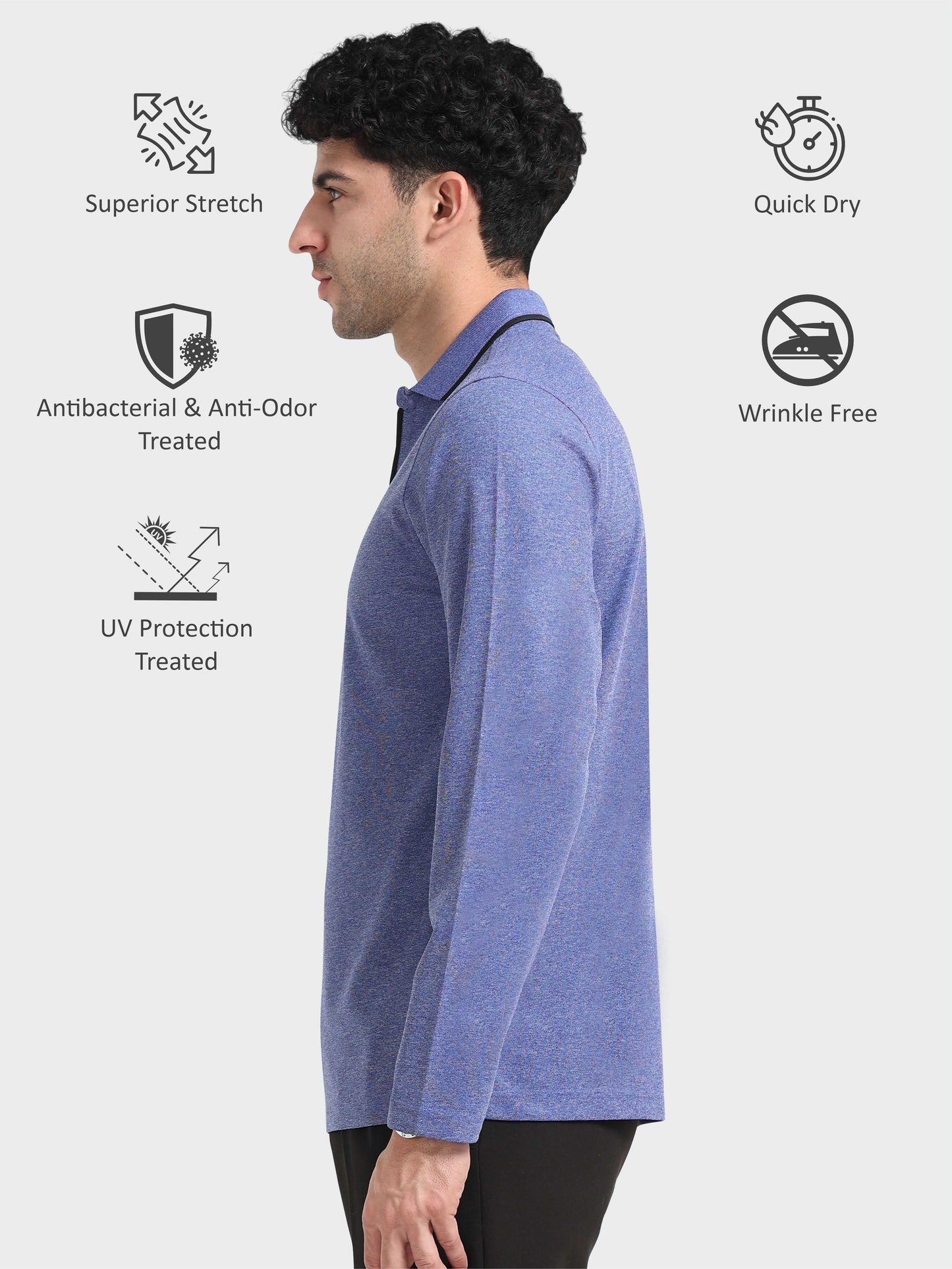 Blue Melange Zipper Full Sleeve Polo Tshirt For Men