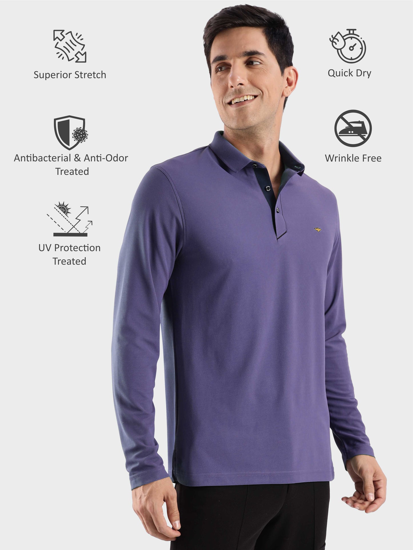 Men's Full Sleeve Polo T-Shirt| Feather touch feel | Odour Resistant | Wrinkle Free | Quick Dry | Stretchable | Anti-Static | UV Resistance |