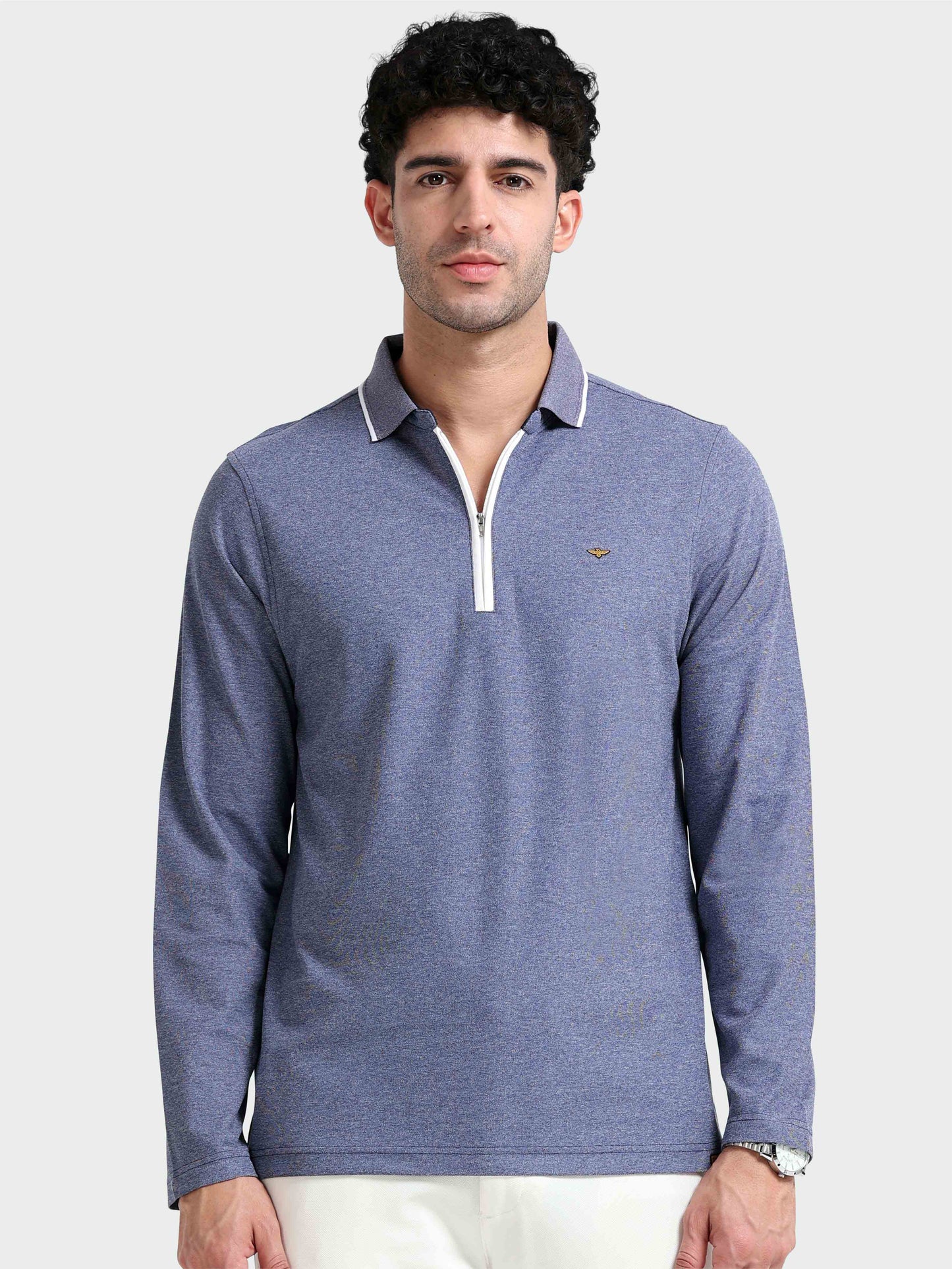 Navy Blue Melange Zipper Full Sleeve Polo Tshirt For Men