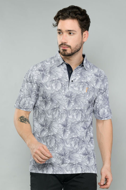White Men's Floral Print Golf Polo T-Shirts | Quick Dry | Stretchable | UV Protected | Wrinkle & Odour-Free