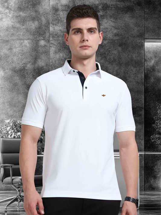 Men White Premium Polo T-Shirt | Quick Dry | Stretchable | UV Protected | Wrinkle & Odour-Free