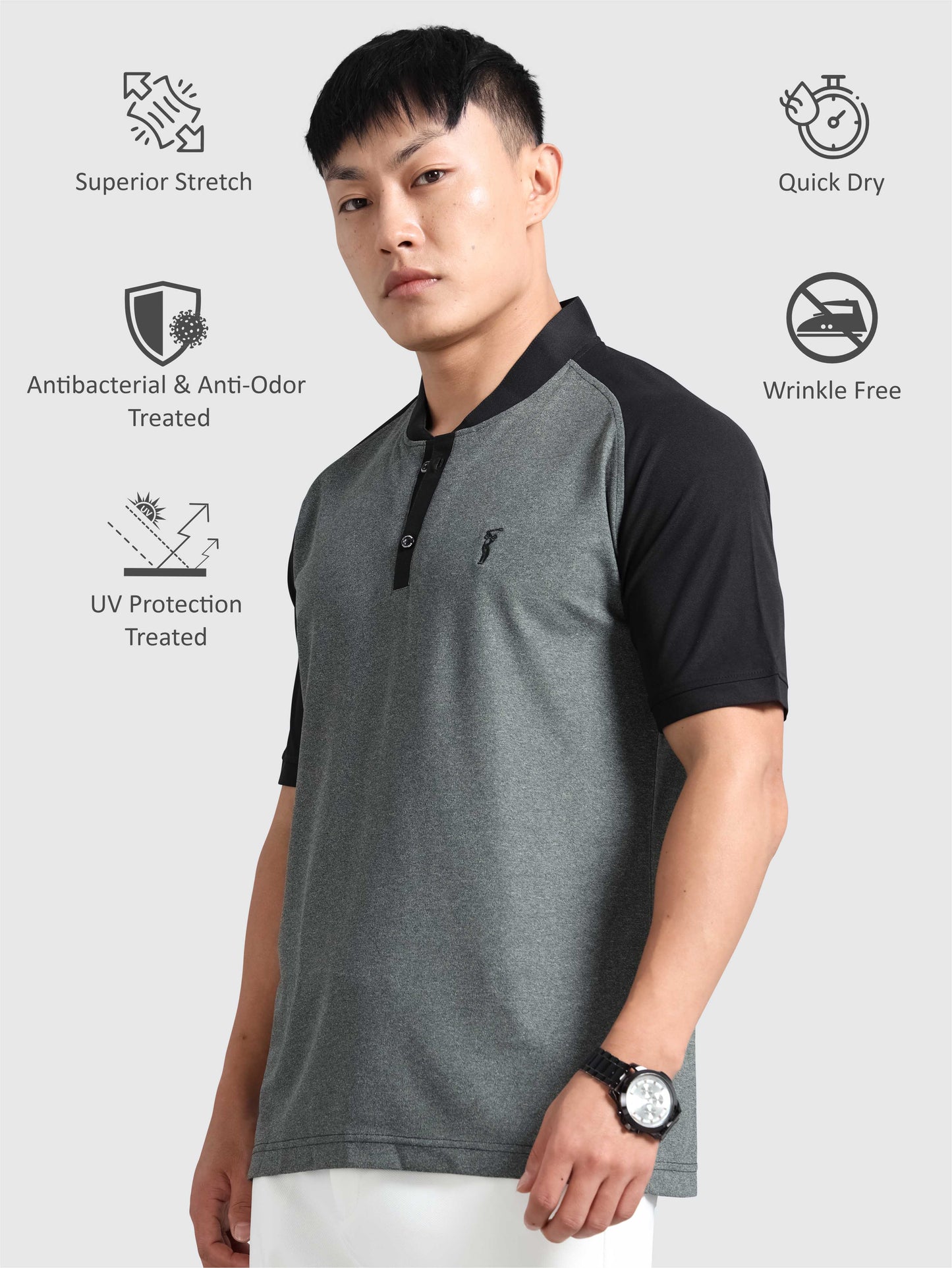 Men’s Charcoal Grey Chinese Collar Polo T-shirt – Raglan Sleeves | Wrinkle-Free | Quick Dry |  Odour-Free | Stretchable | UV Protected