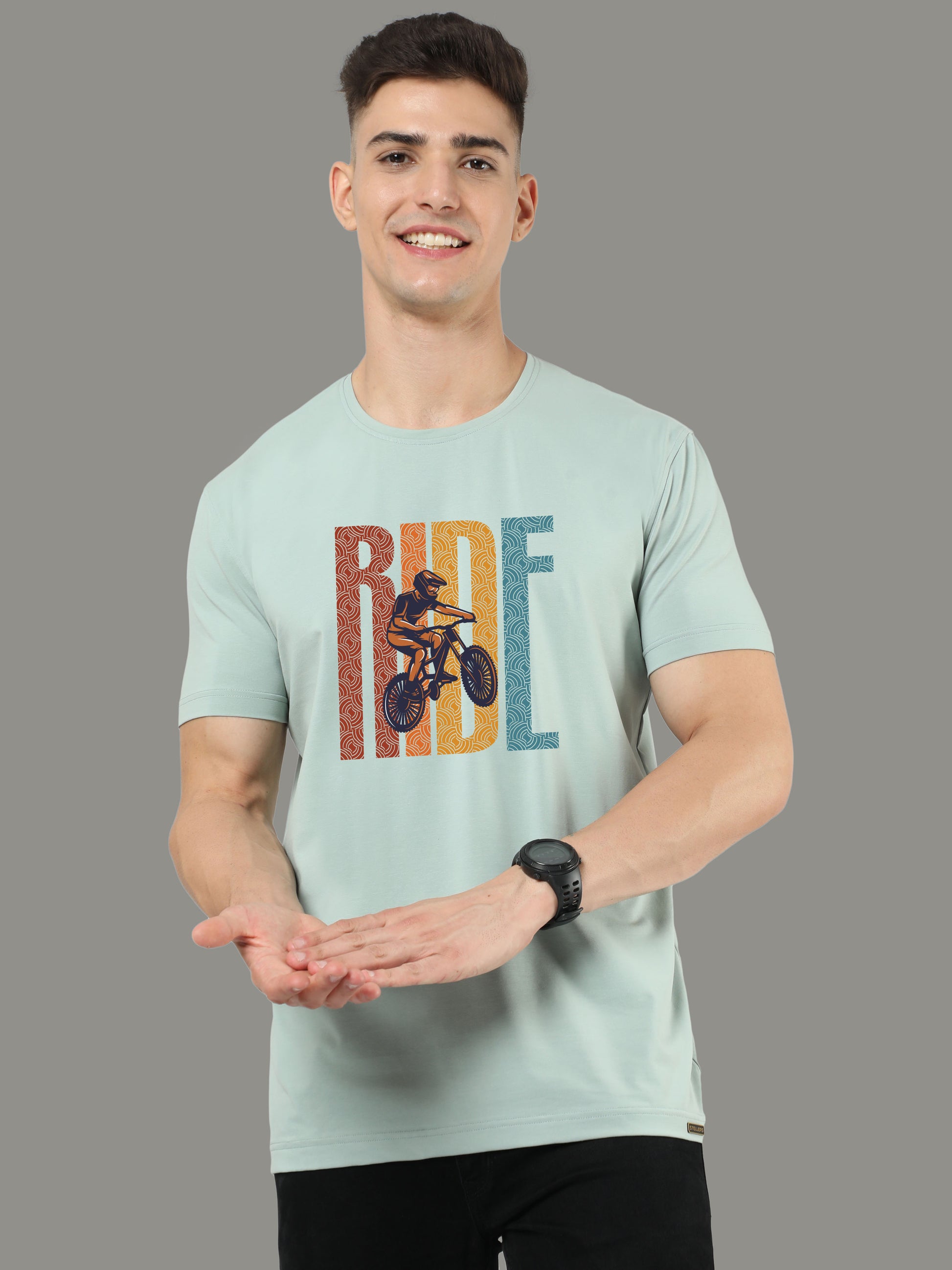 Ocean Green Ride Print Men’s Round Neck T Shirts