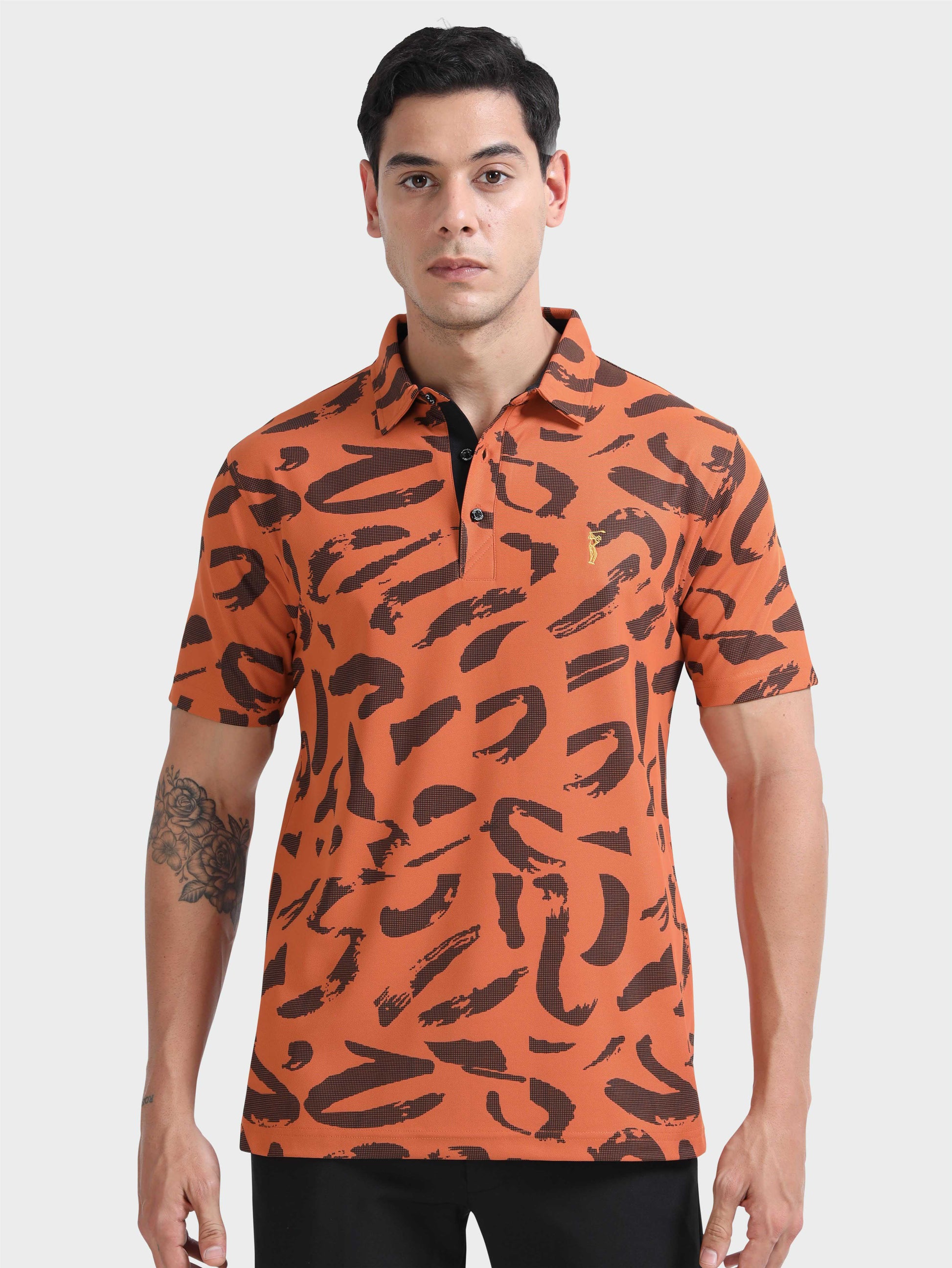 Orange Camousquare Printed Polo T Shirt for Men