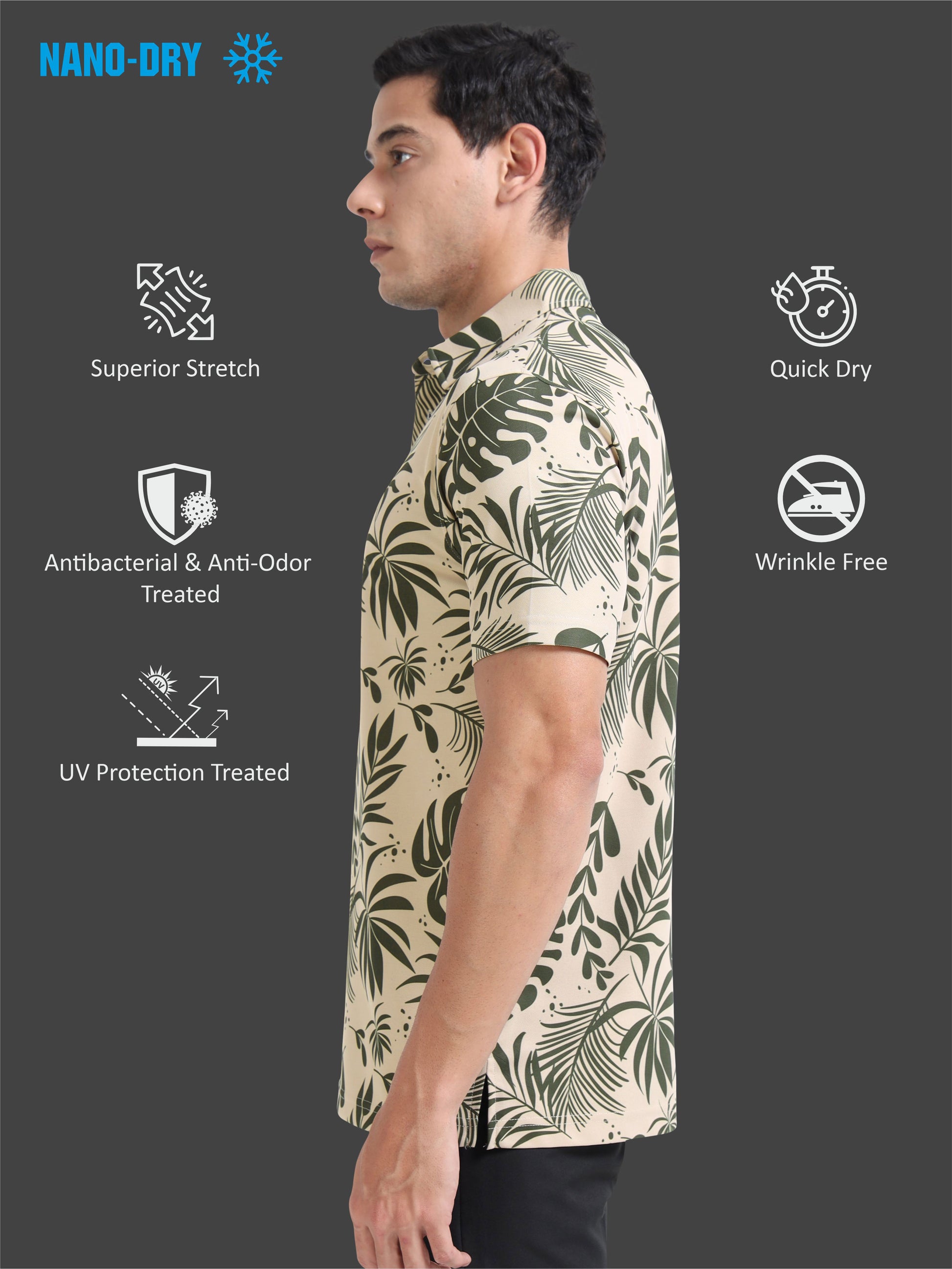 Beige Leaf Printed Polo T Shirt for Men