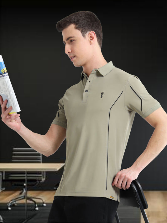 Moose Grey-Men's Piping Design Polo T-Shirt | Wrinkle-Free | Quick Dry | Stretchable |  Odour-Free | UV Protected