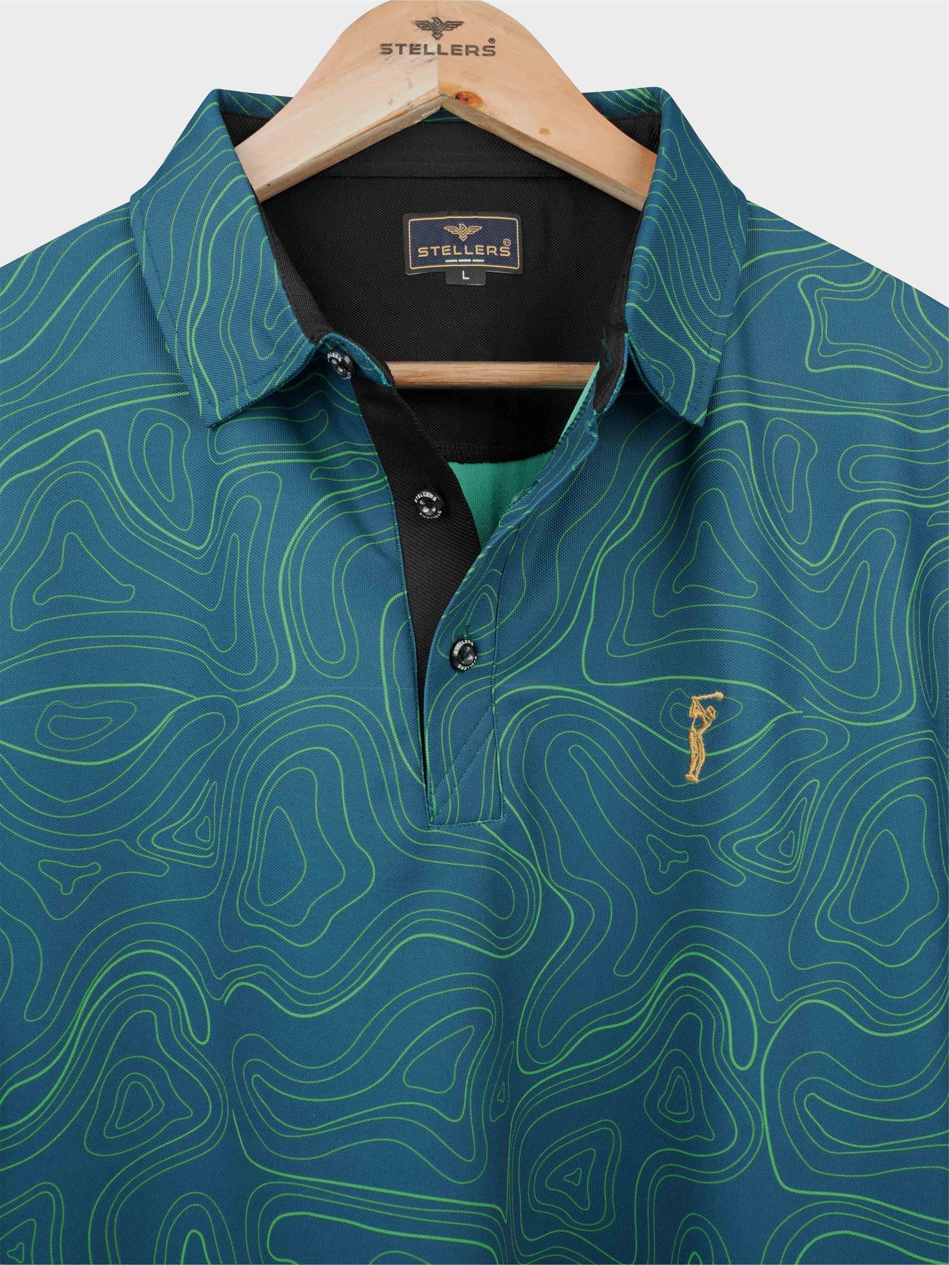 Abstract Teal Blue Printed Polo T Shirt for Men 