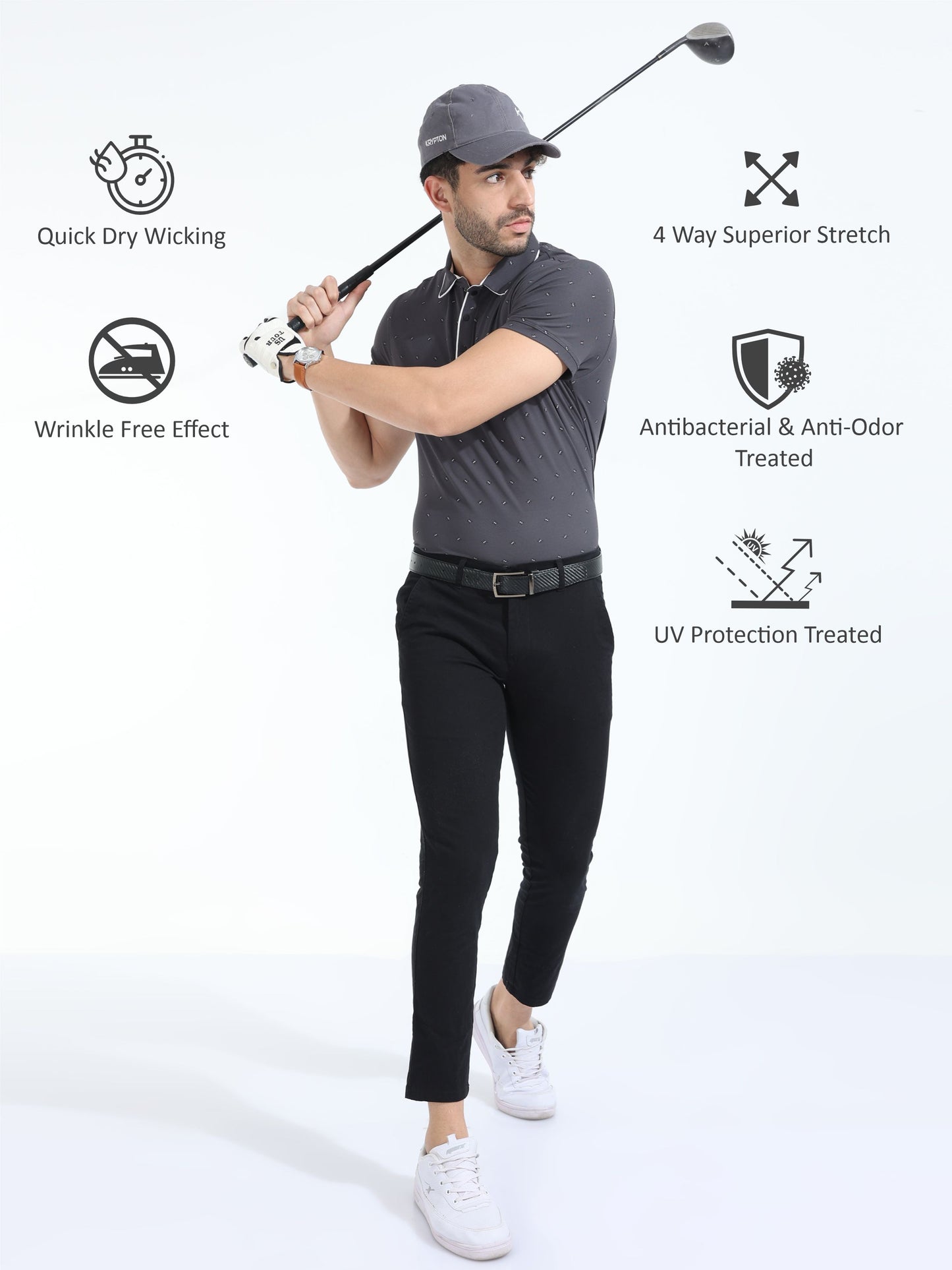 Dark Grey Men's Rolex Print Polo T-Shirts | Quick Dry | Stretchable | UV Protected | Wrinkle & Odour-Free