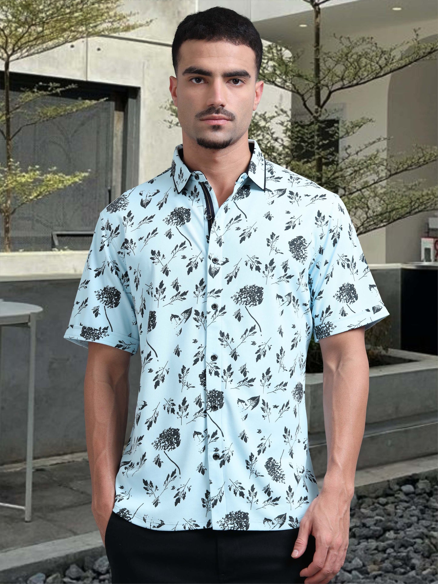 Ice Blue Men's Leaf Printed Half Sleeve Shirts