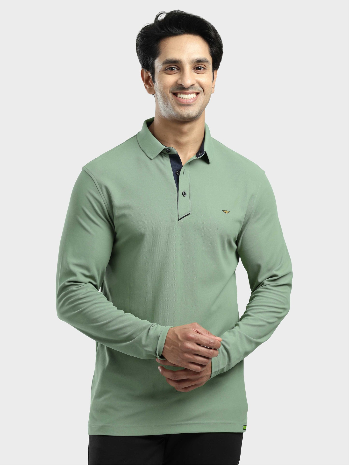 Men's Full Sleeve Polo T-Shirt - Misty Green | Feather Touch Feel | Odour Resistant | Wrinkle Free | Quick Dry | Stretchable | Anti-Static | UV Resistance |