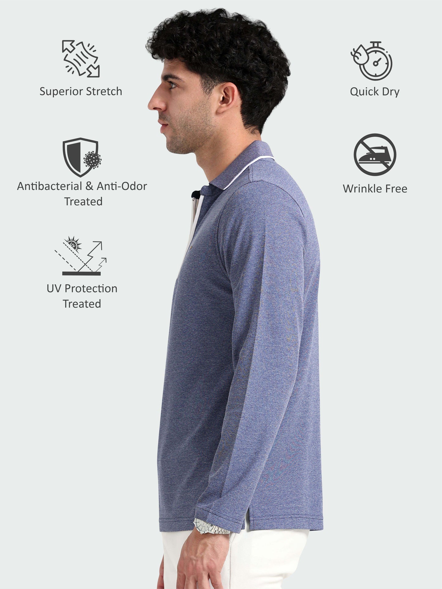 Navy Blue Melange Zipper Full Sleeve Polo Tshirt For Men