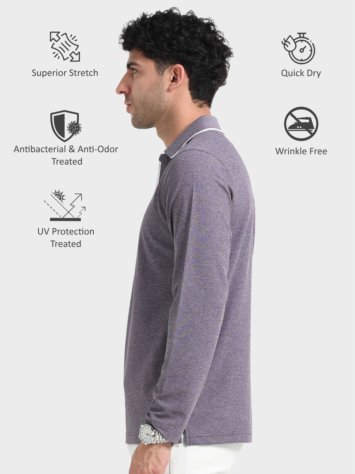 Purple Melange Zipper Full Sleeve Polo Tshirt For Men