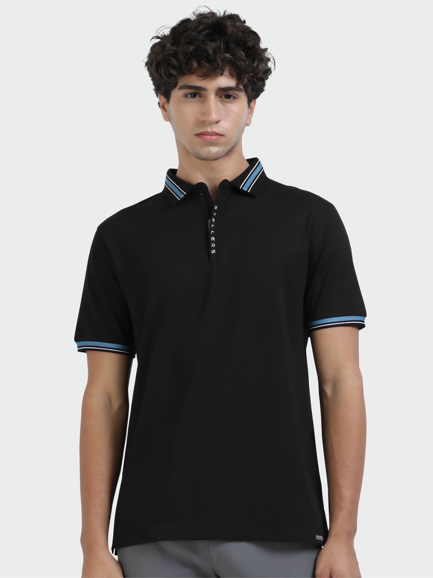 Black Mens Zipper Polo T-Shirt | Wrinkle-Free | Quick Dry |  Odour-Free | Stretchable | UV Protected