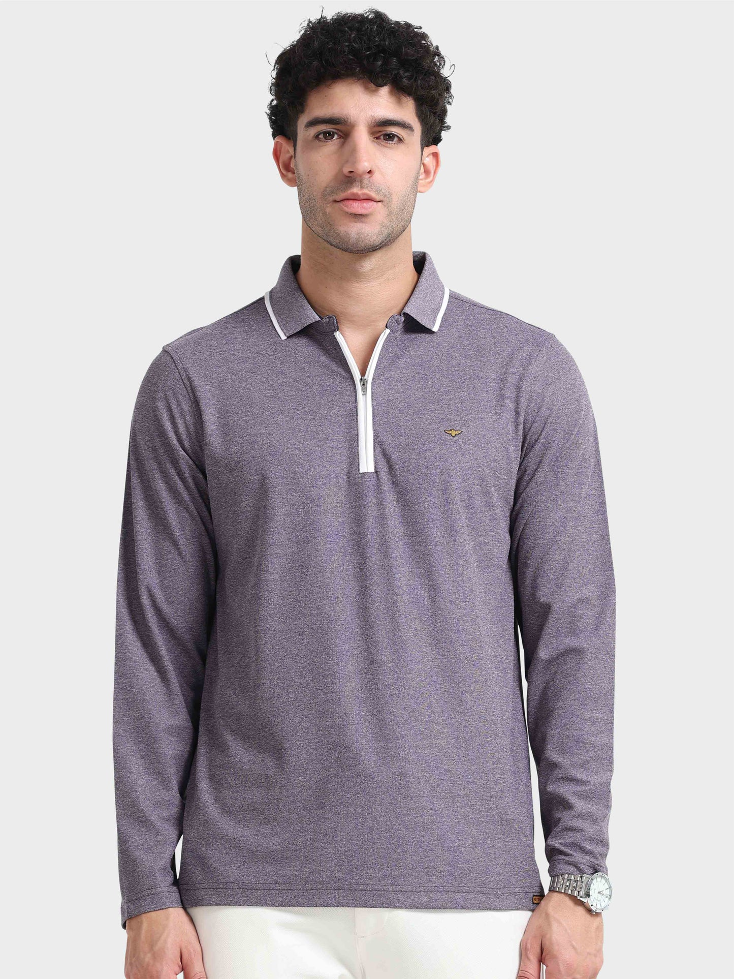 Purple Melange Zipper Full Sleeve Polo Tshirt For Men