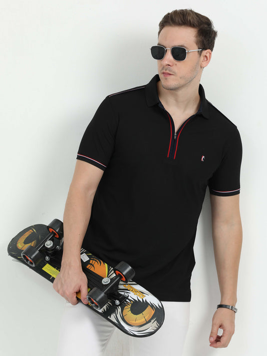 Black Men's Zipper Placket Polo T-Shirt | Quick Dry | Stretchable | UV Protected | Wrinkle & Odour-Free