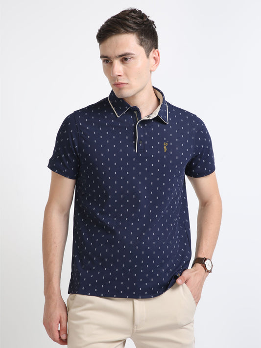 Navy blue Men's Rolex Print Polo T-Shirts | Quick Dry | Stretchable | UV Protected | Wrinkle & Odour-Free