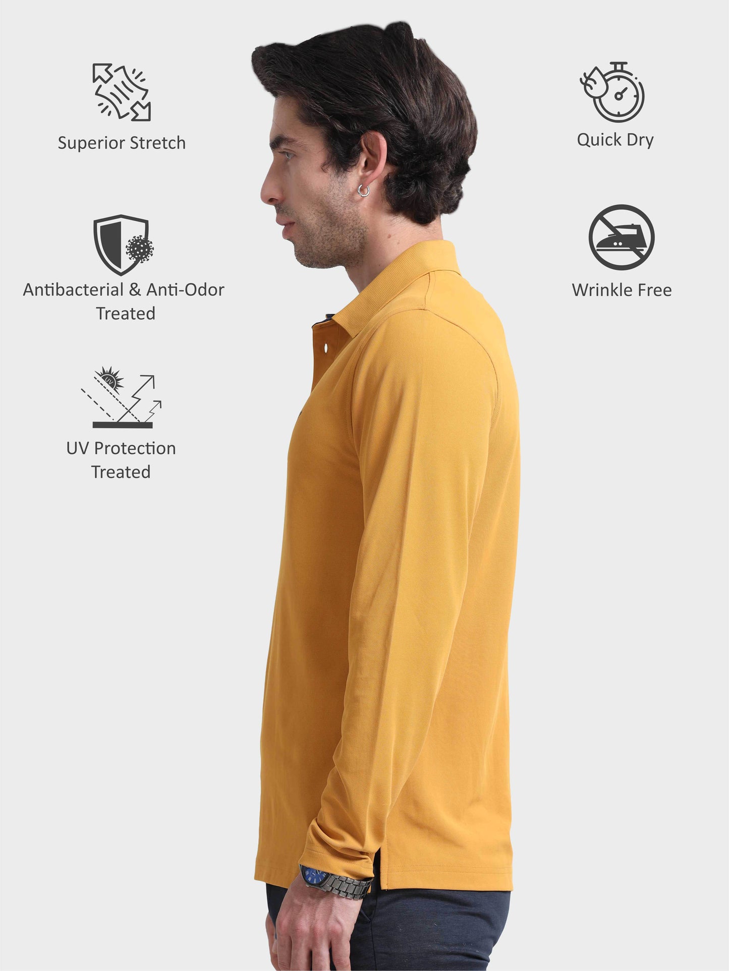 Men's Full Sleeve Polo T-Shirt  | Feather Touch Feel | Odour Resistant | Wrinkle Free | Quick Dry | Stretchable | Anti-Static | UV Resistance |