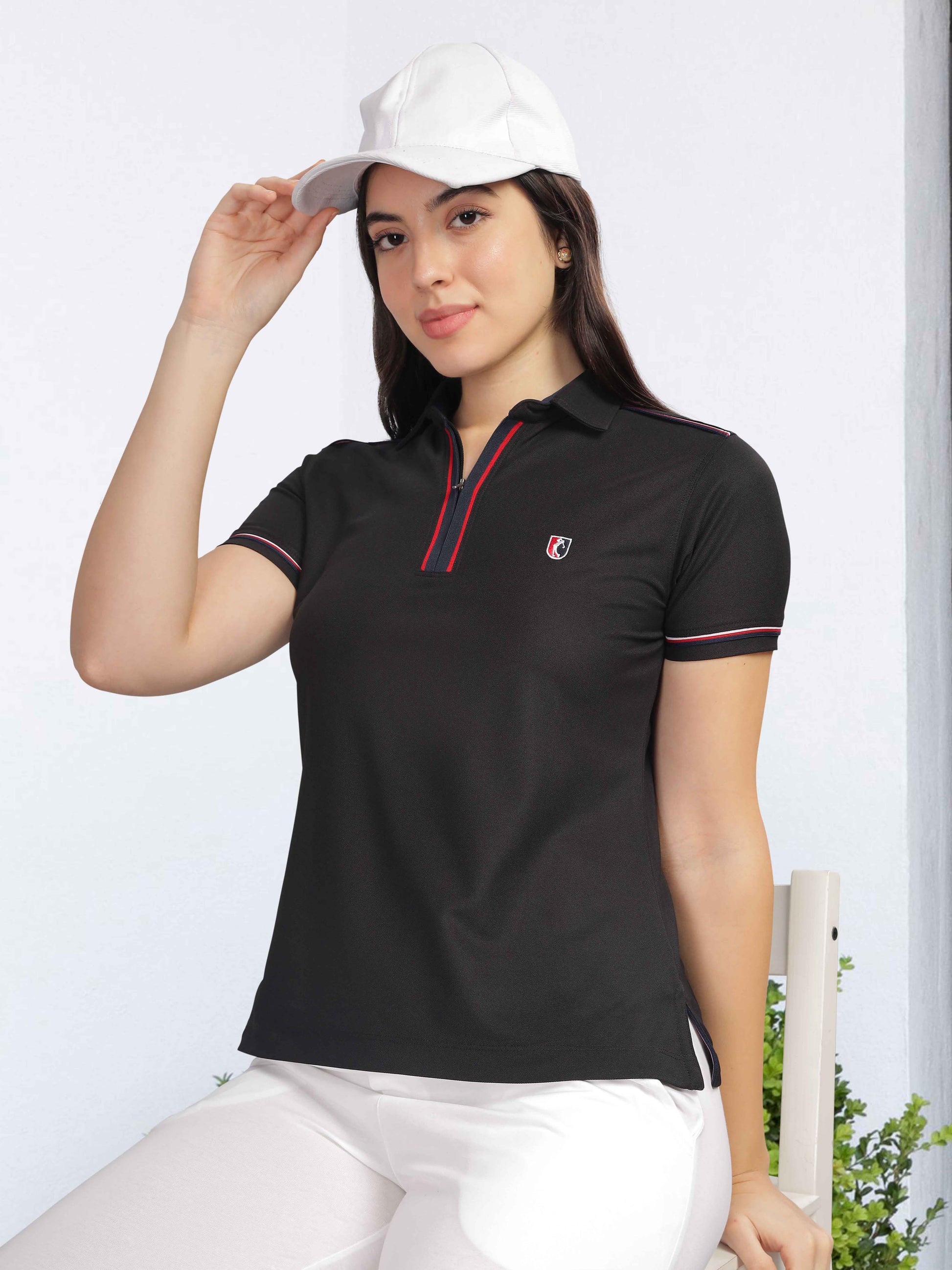 Black Women's Zipper Polo T Shirts