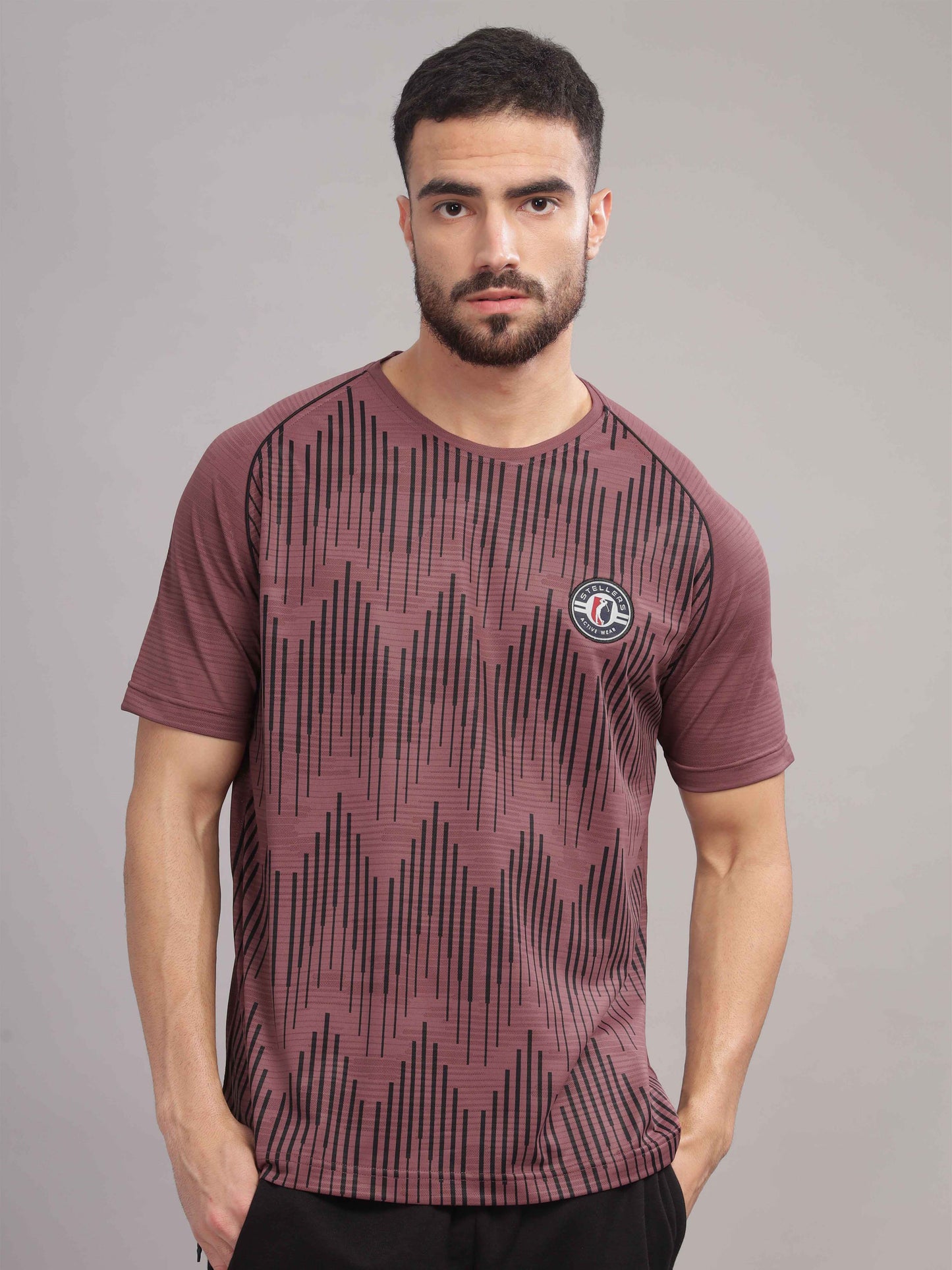 Mauve Mens Printed Round Neck Active Wear T-Shirt