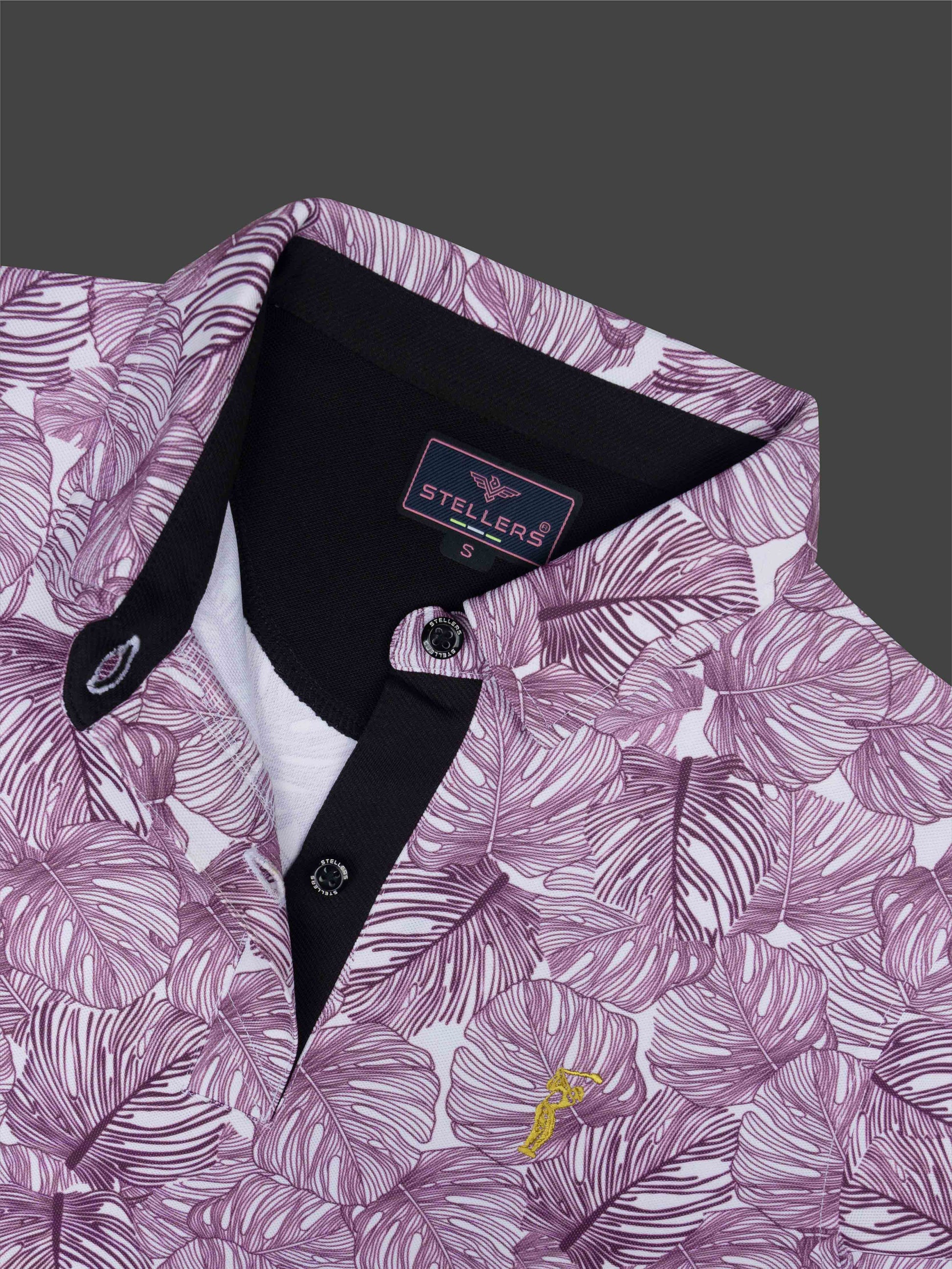 White Monstera Leaf Printed Polo T Shirt for Women