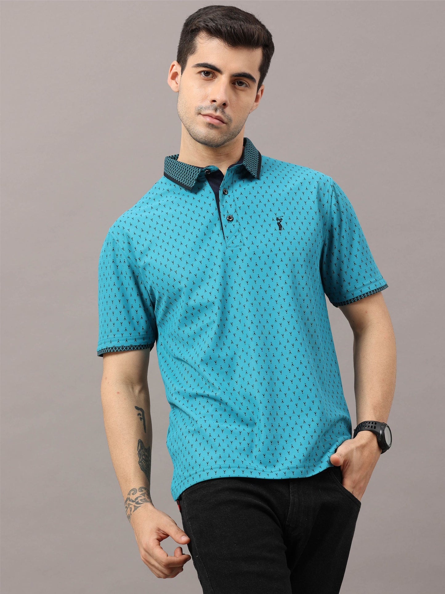Jade Green Men's Ant Print Golf Polo T-Shirts | Quick Dry | Stretchable | UV Protected | Wrinkle & Odour-Free