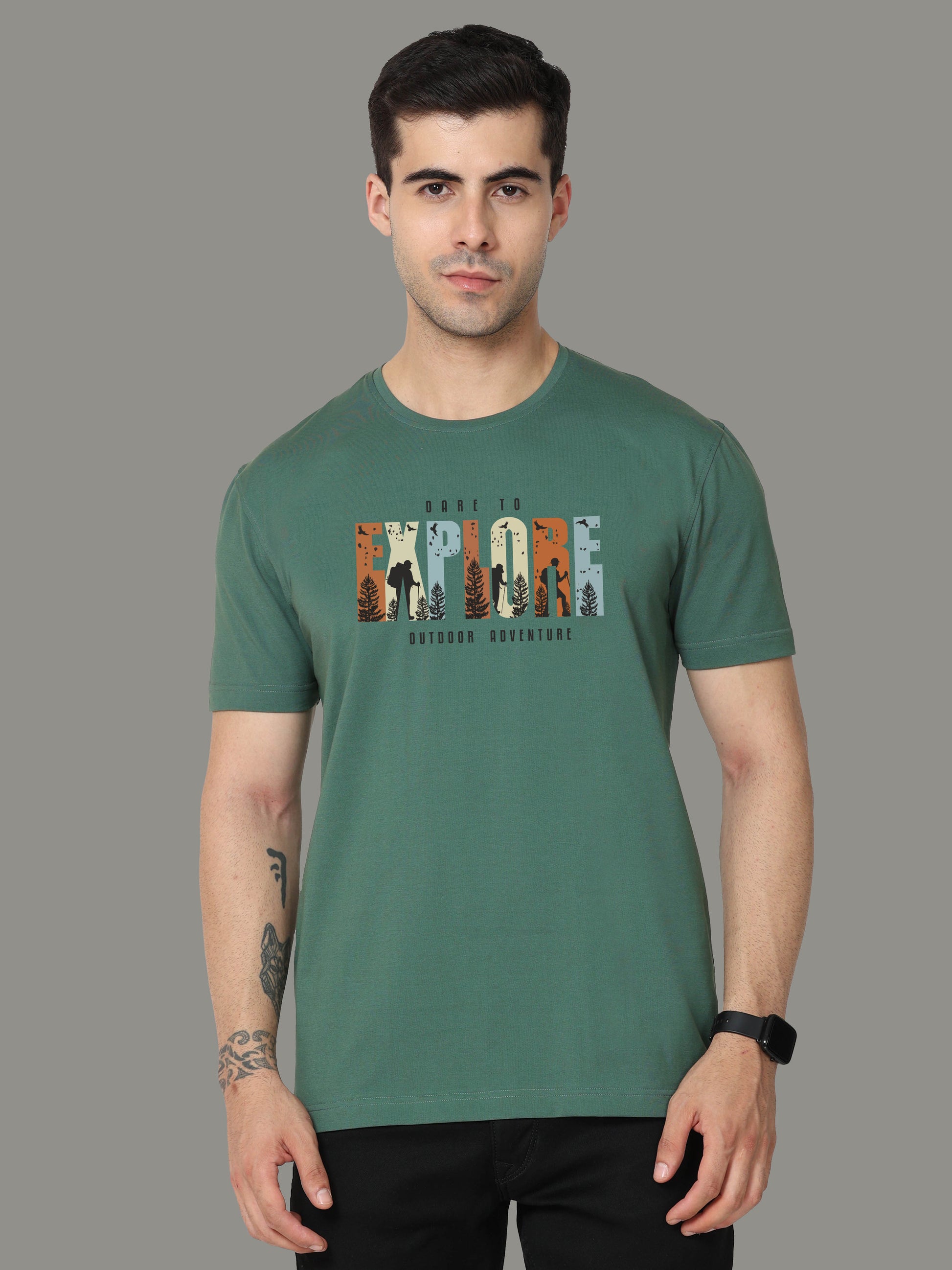 Aqua Green EXPLORE Print Men's Round Neck T Shirts
