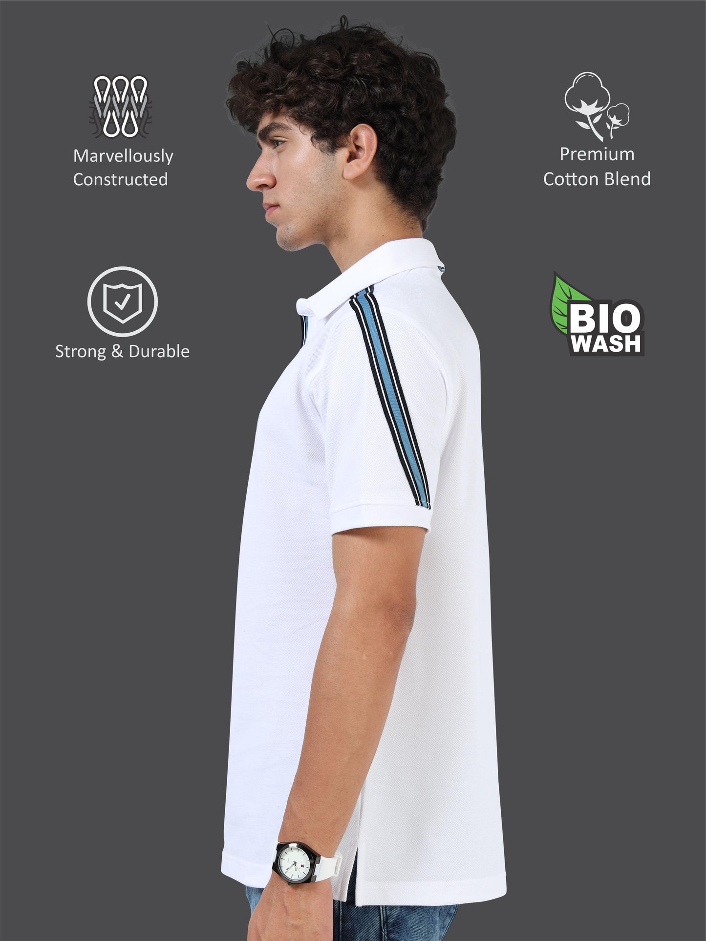 STELLERS Men's Zipper Polo T-Shirt - White | Premium Cotton | Stretchable | Feather Touch Feel | Breathable | Light Weight