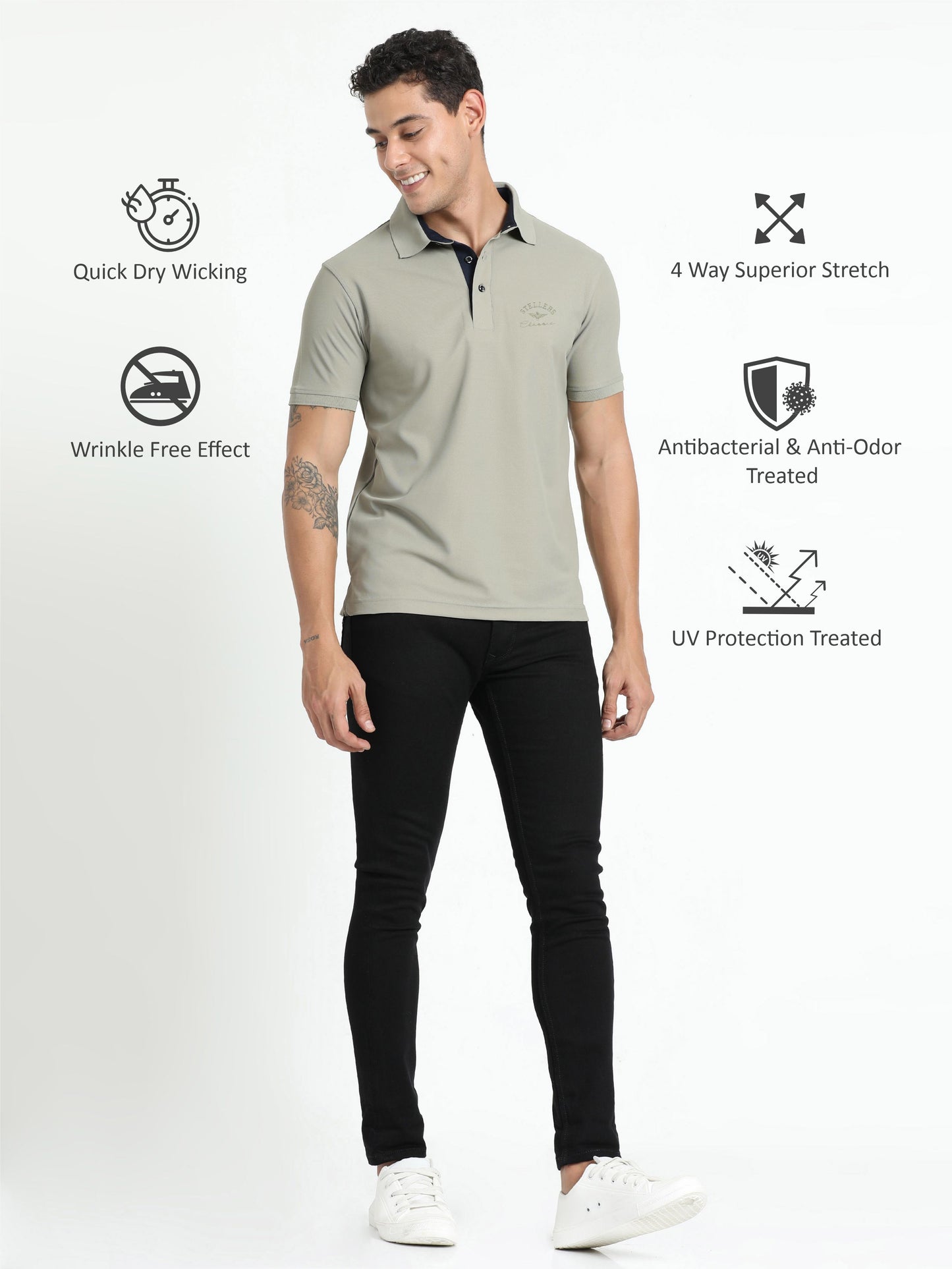 Men Moose Grey Classic Golf Polo T-Shirt | Quick Dry | Stretchable | UV Protected | Wrinkle & Odour-Free