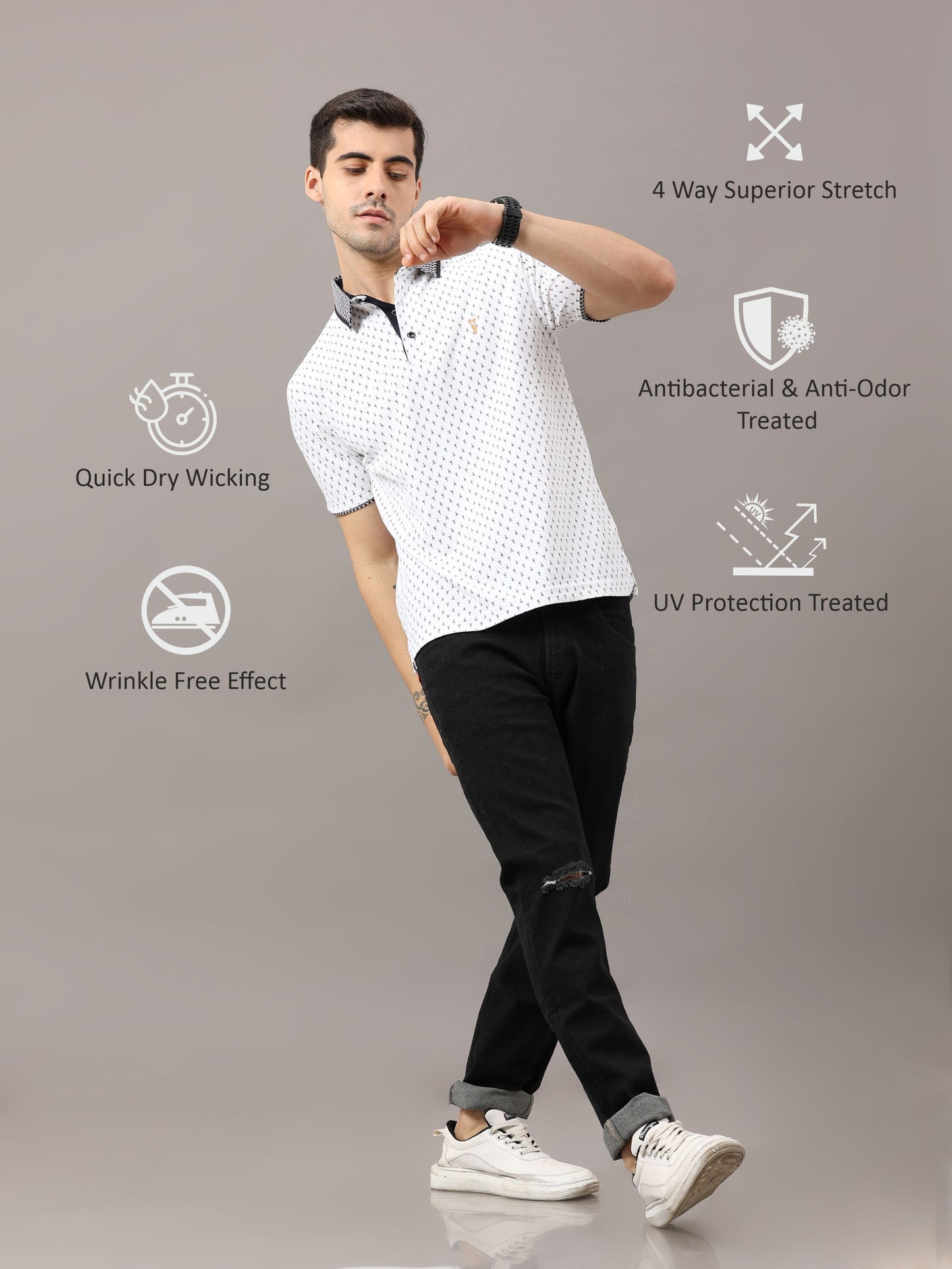 White Men's Ant Print Golf Polo T-Shirt | Quick Dry | Stretchable | UV Protected | Wrinkle & Odour-Free