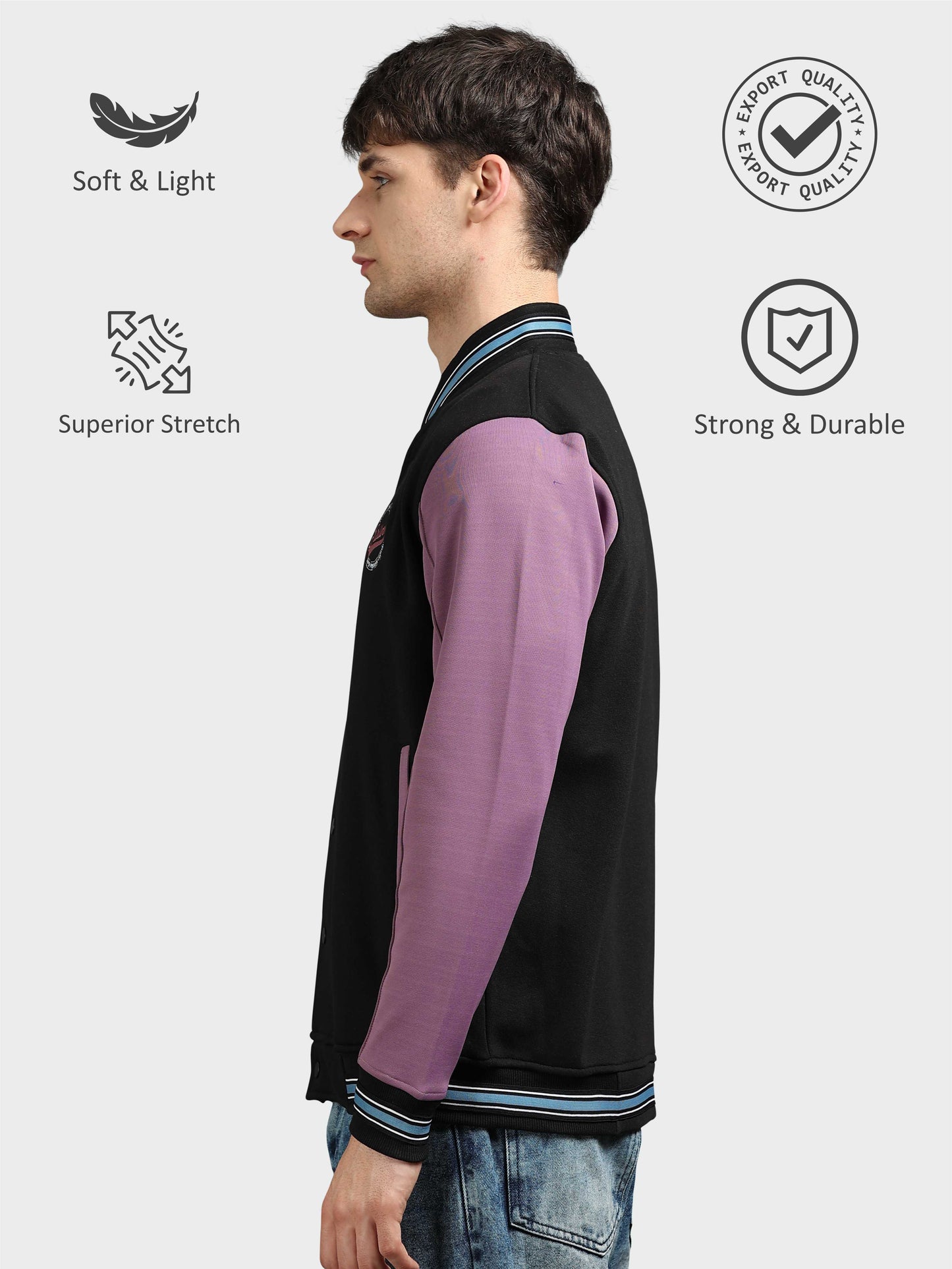 Men Varsity Jacket Black & Purple | Regular Fit | Feather Touch Feel | Warm |