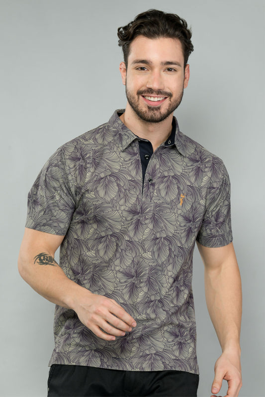 Moose Grey Men's Floral Print Golf Polo T-Shirts | Quick Dry | Stretchable | UV Protected | Wrinkle & Odour-Free