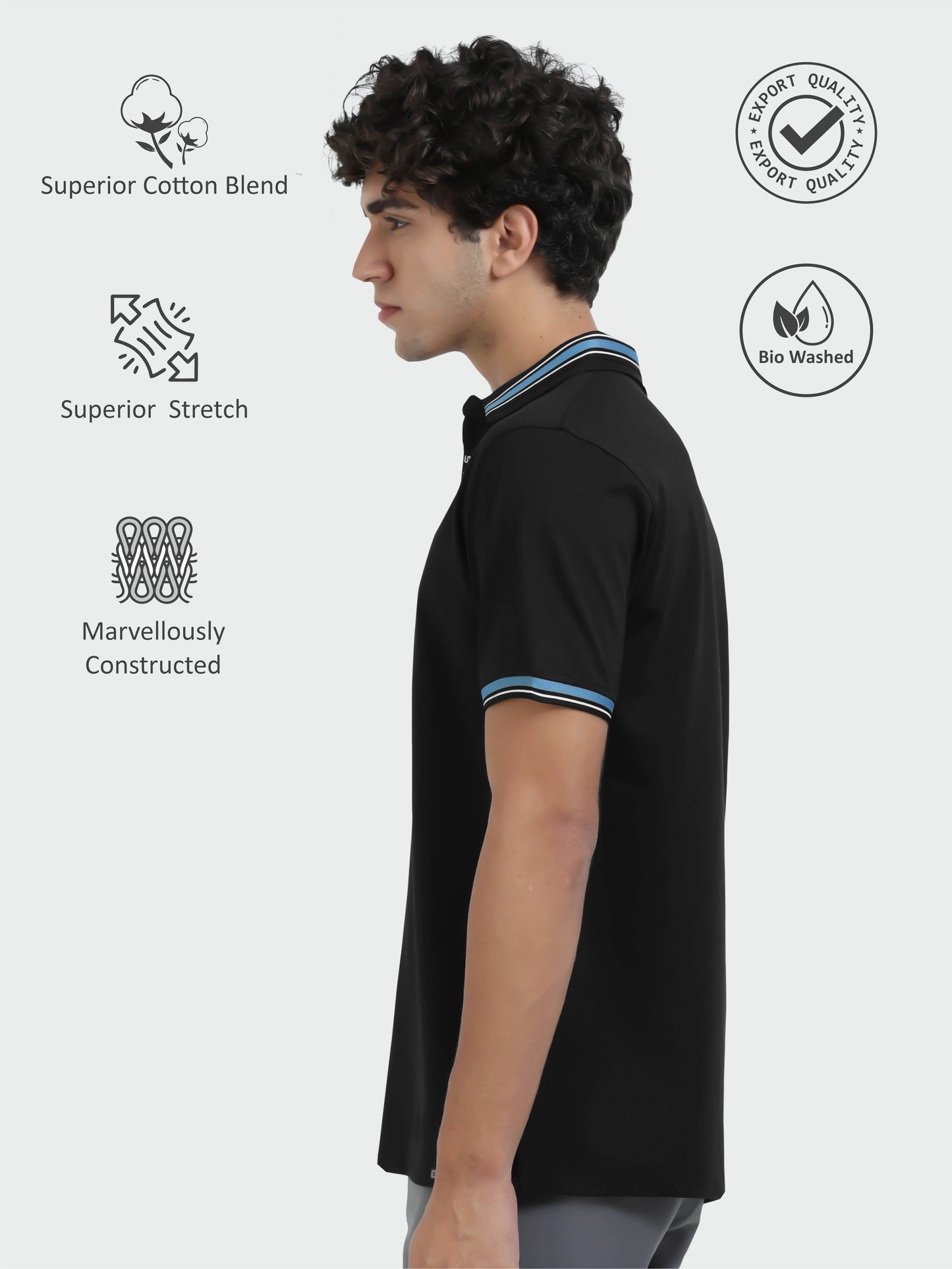 Black Mens Zipper Polo T-Shirt | Wrinkle-Free | Quick Dry |  Odour-Free | Stretchable | UV Protected