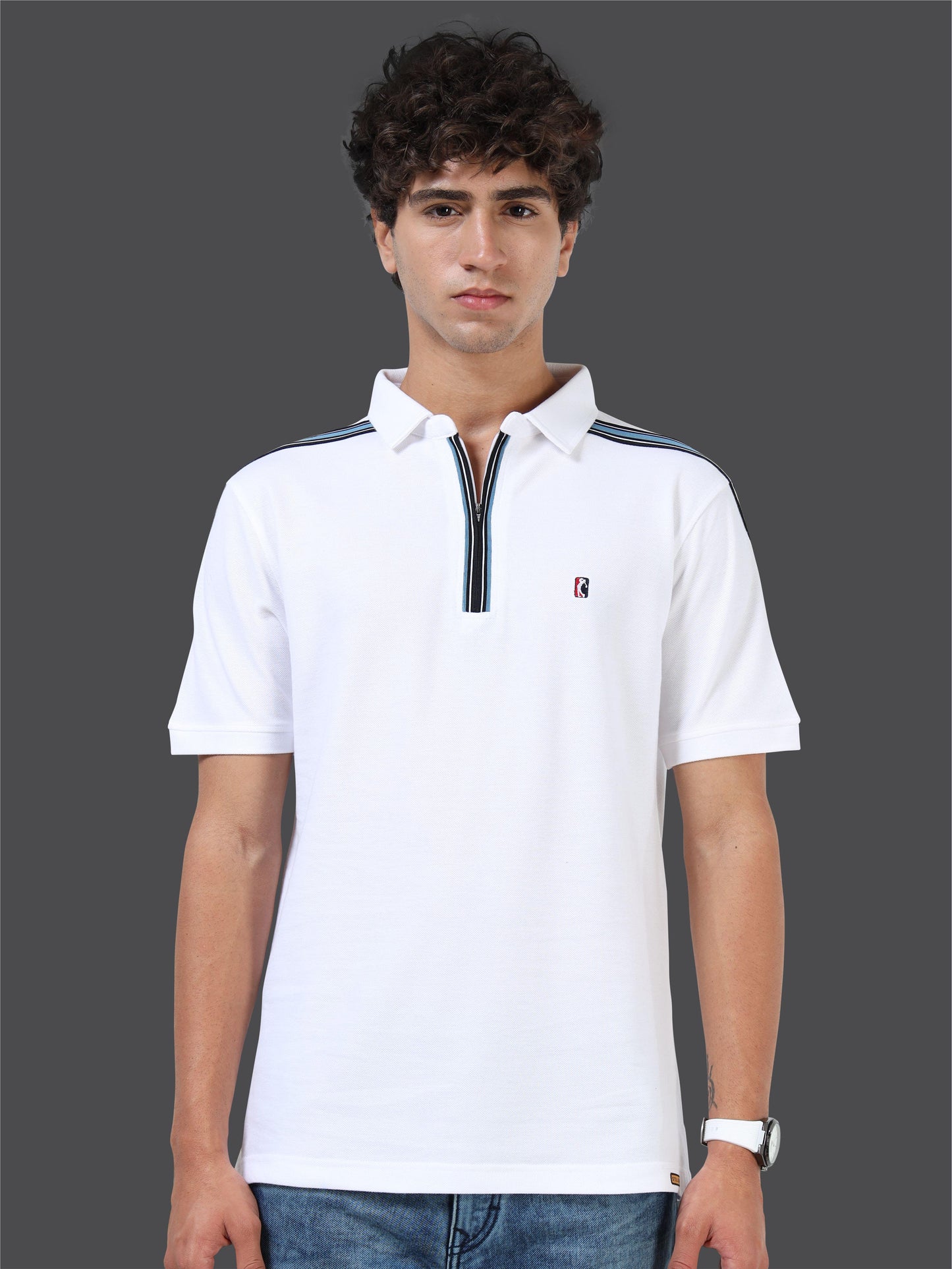 STELLERS Men's Zipper Polo T-Shirt - White | Premium Cotton | Stretchable | Feather Touch Feel | Breathable | Light Weight